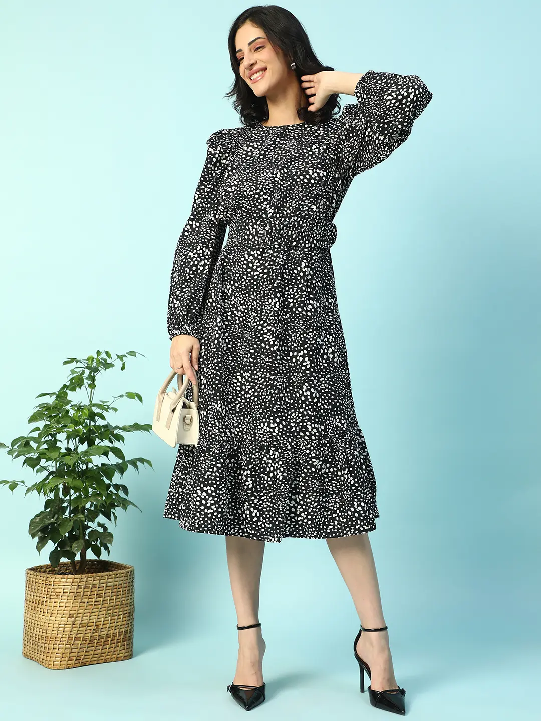 Black Floral Print Long Sleeve Women Dress - Image 2