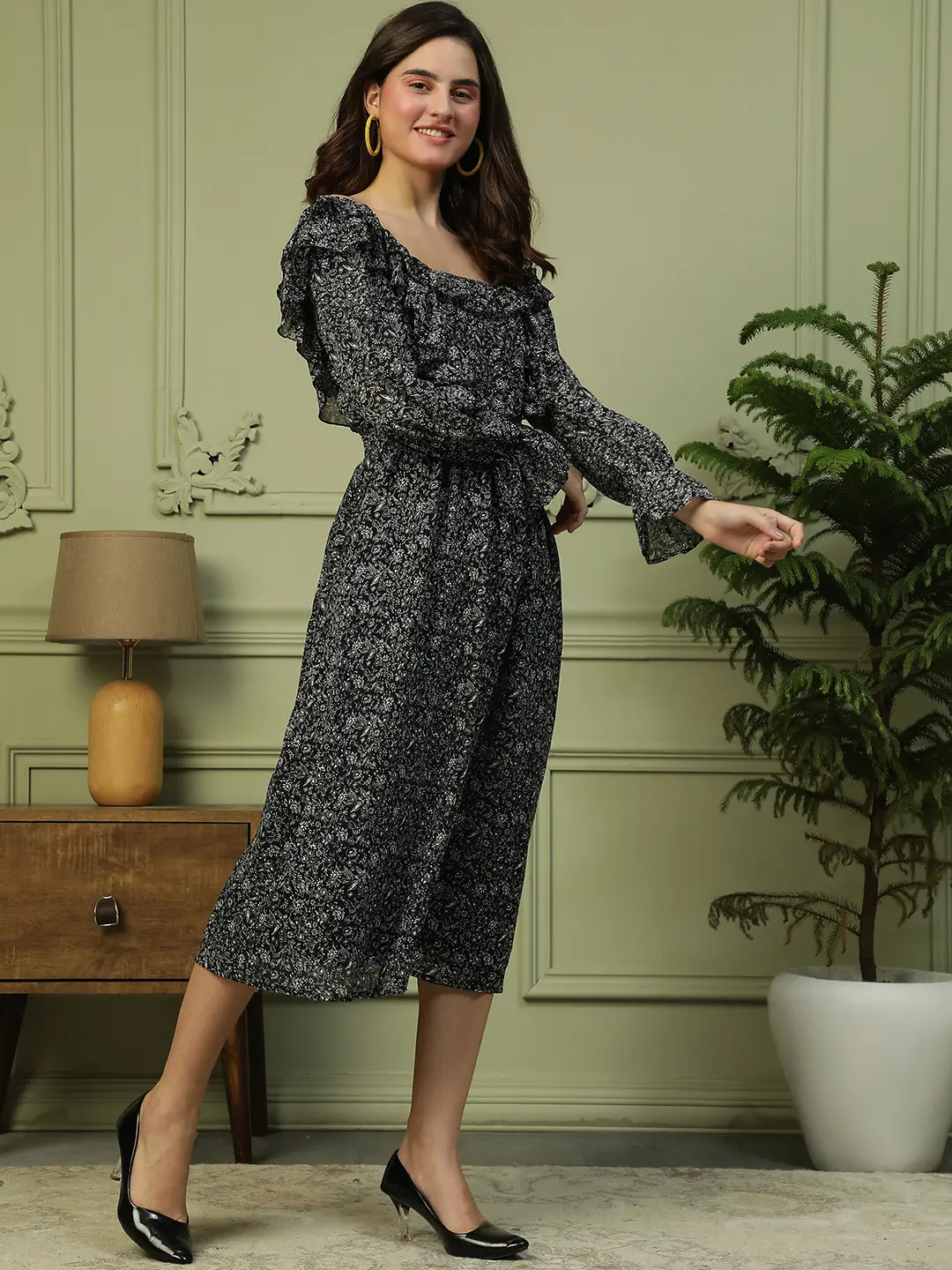 Black Floral Print Ruffle Detail Long Bell Sleeve Women Dress - Image 6