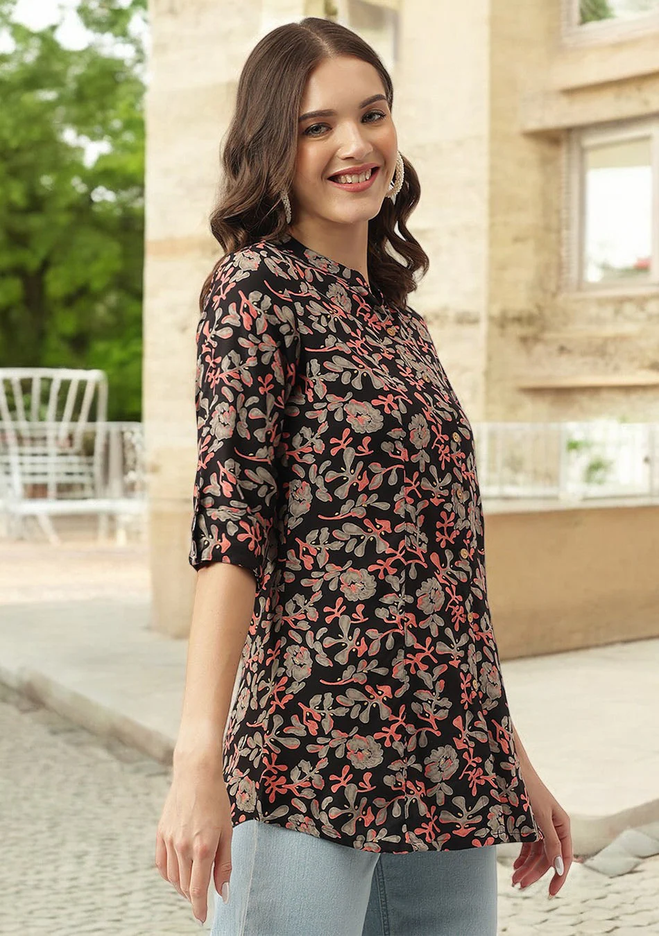 Black Floral Printed Rayon Shirt Style Top