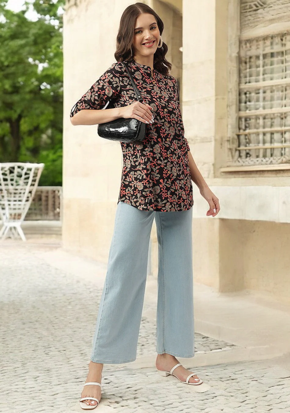 Black Floral Printed Rayon Shirt Style Top - Image 2