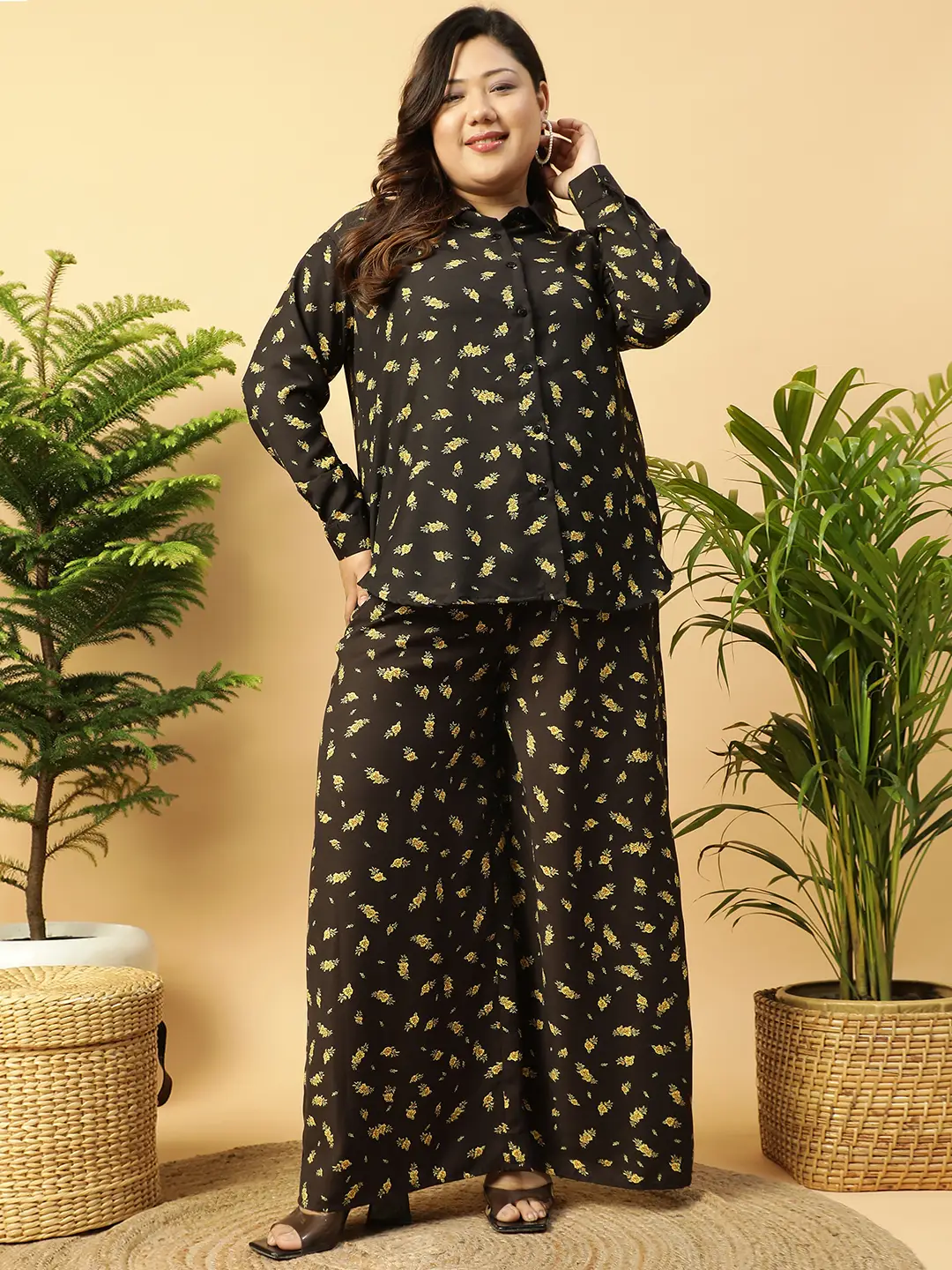 Black Floral Printed Shirt and Trouser Women plus Size Co-ord Set