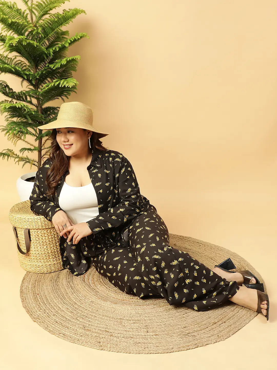 Black Floral Printed Shirt and Trouser Women plus Size Co-ord Set - Image 2