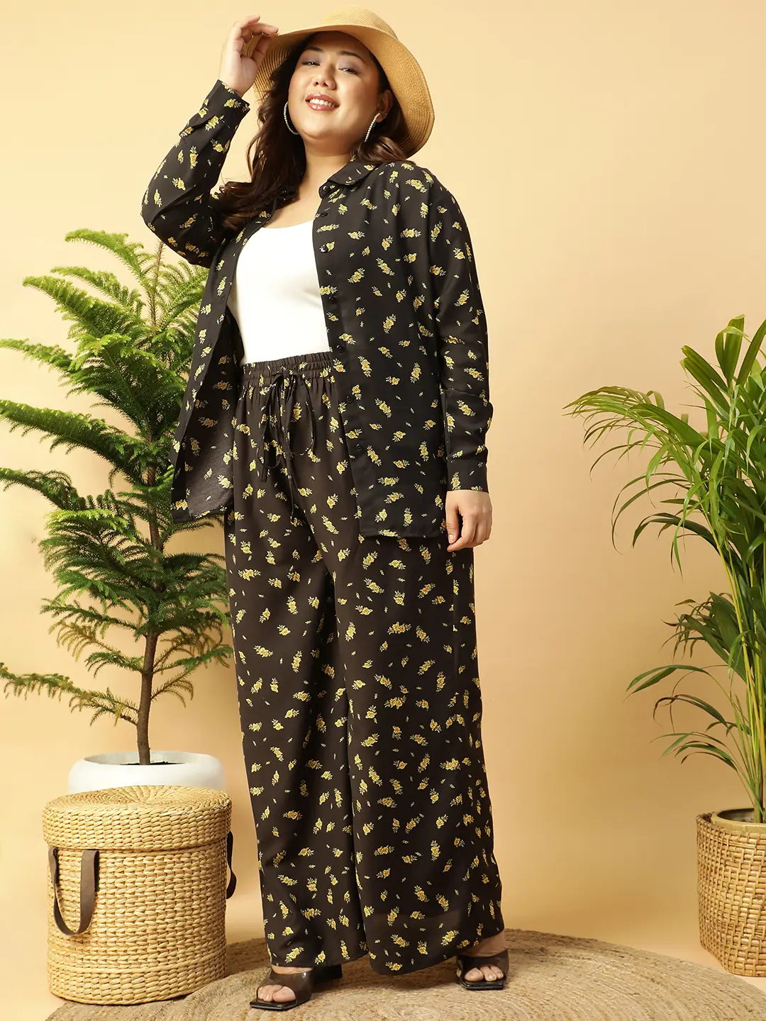 Black Floral Printed Shirt and Trouser Women plus Size Co-ord Set - Image 3