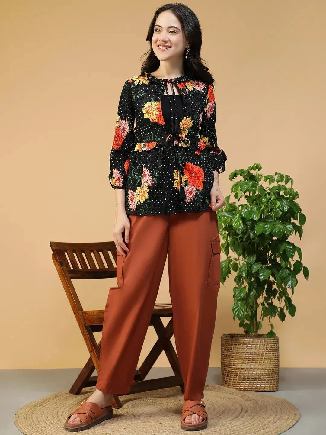 Black Floral Shrug - Women's Round Neck Tie-Up Detail Long Sleeve Shrug - Image 2