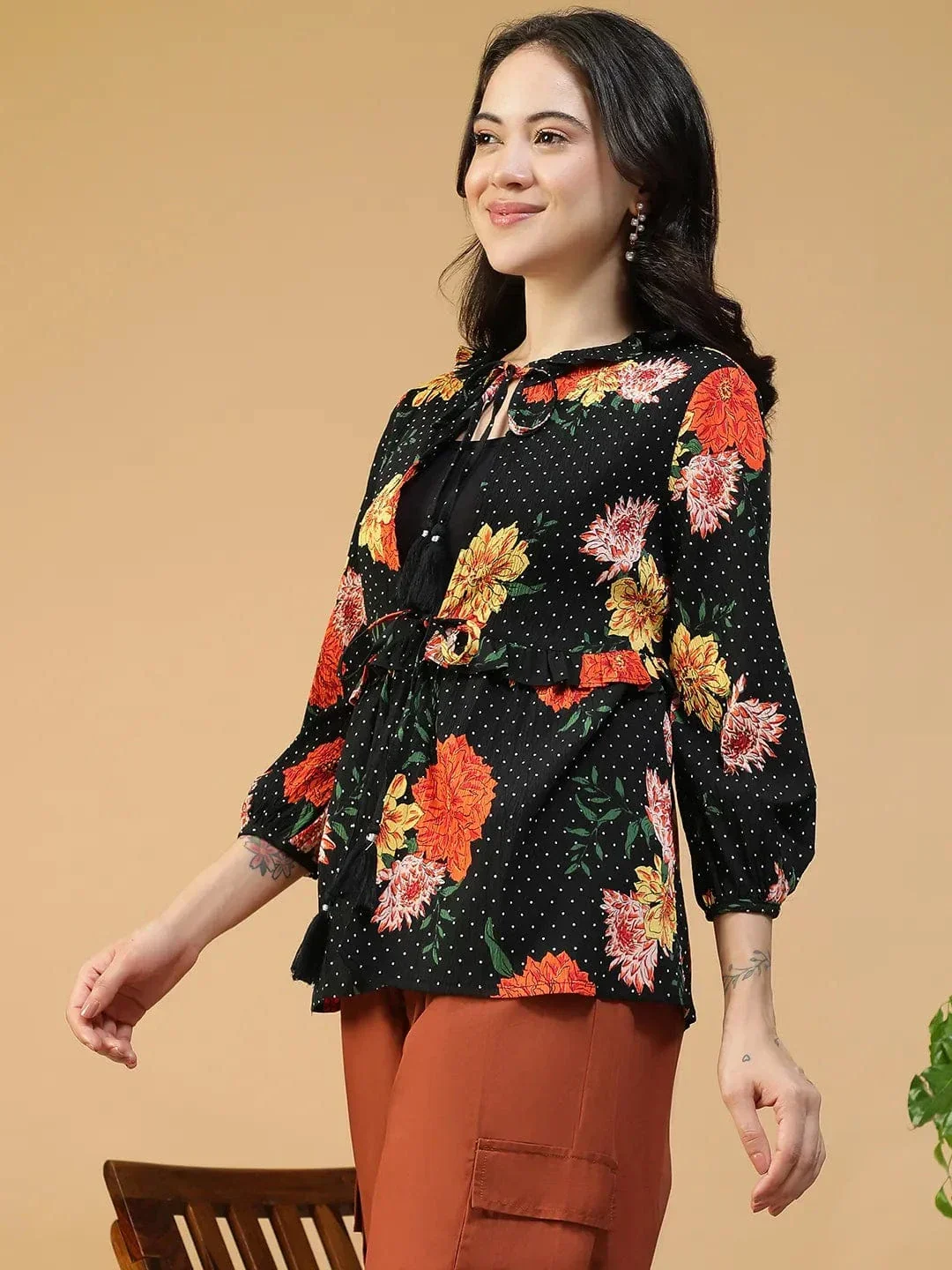 Black Floral Shrug - Women's Round Neck Tie-Up Detail Long Sleeve Shrug - Image 3
