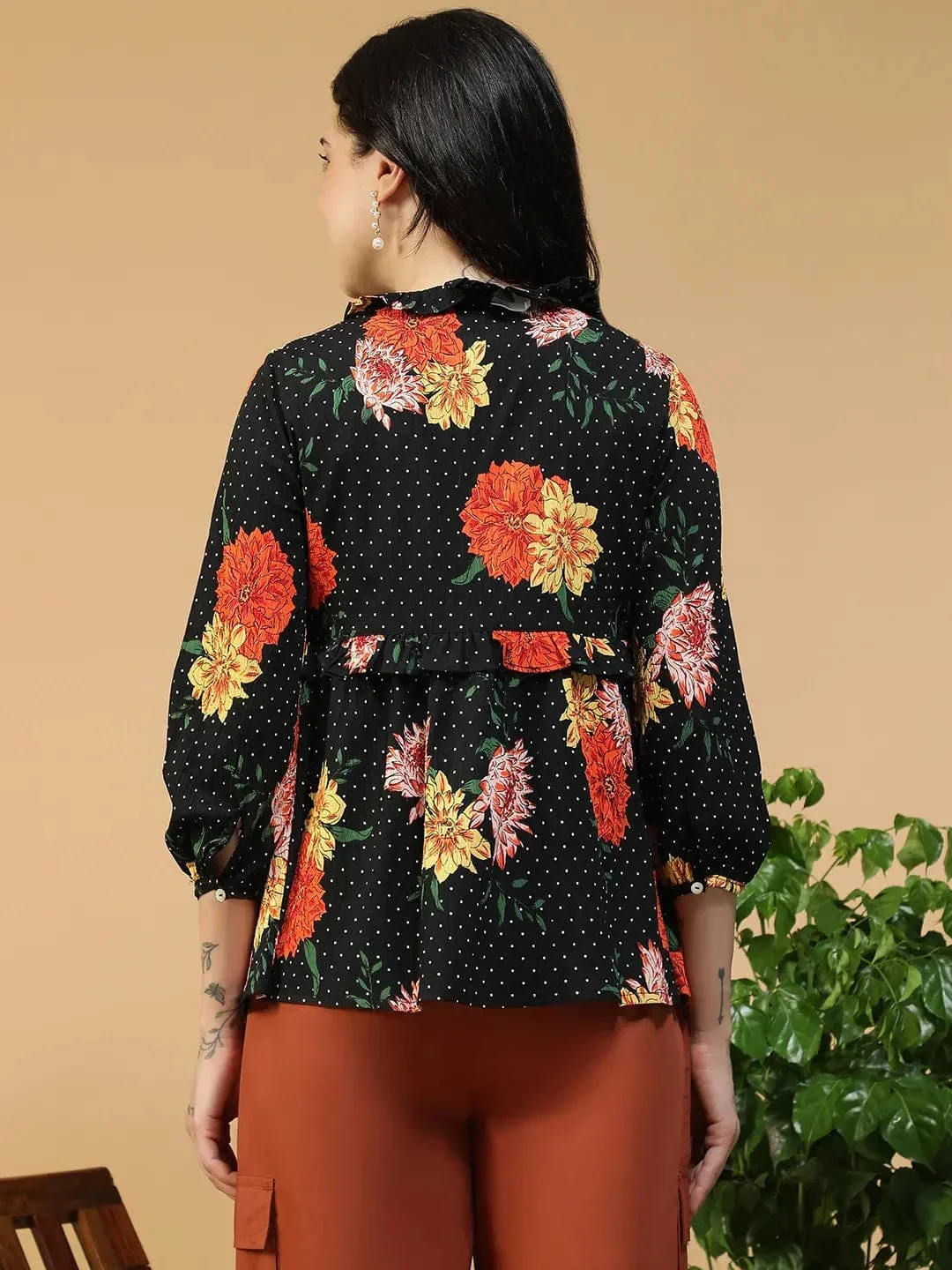 Black Floral Shrug - Women's Round Neck Tie-Up Detail Long Sleeve Shrug - Image 5