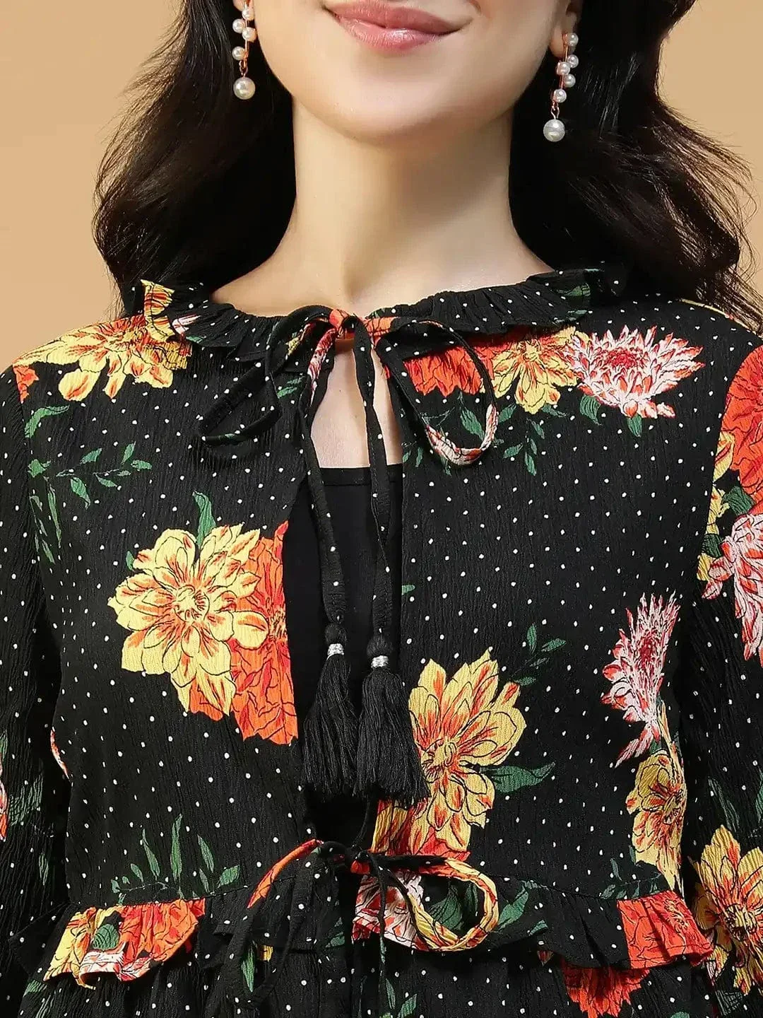 Black Floral Shrug - Women's Round Neck Tie-Up Detail Long Sleeve Shrug - Image 6
