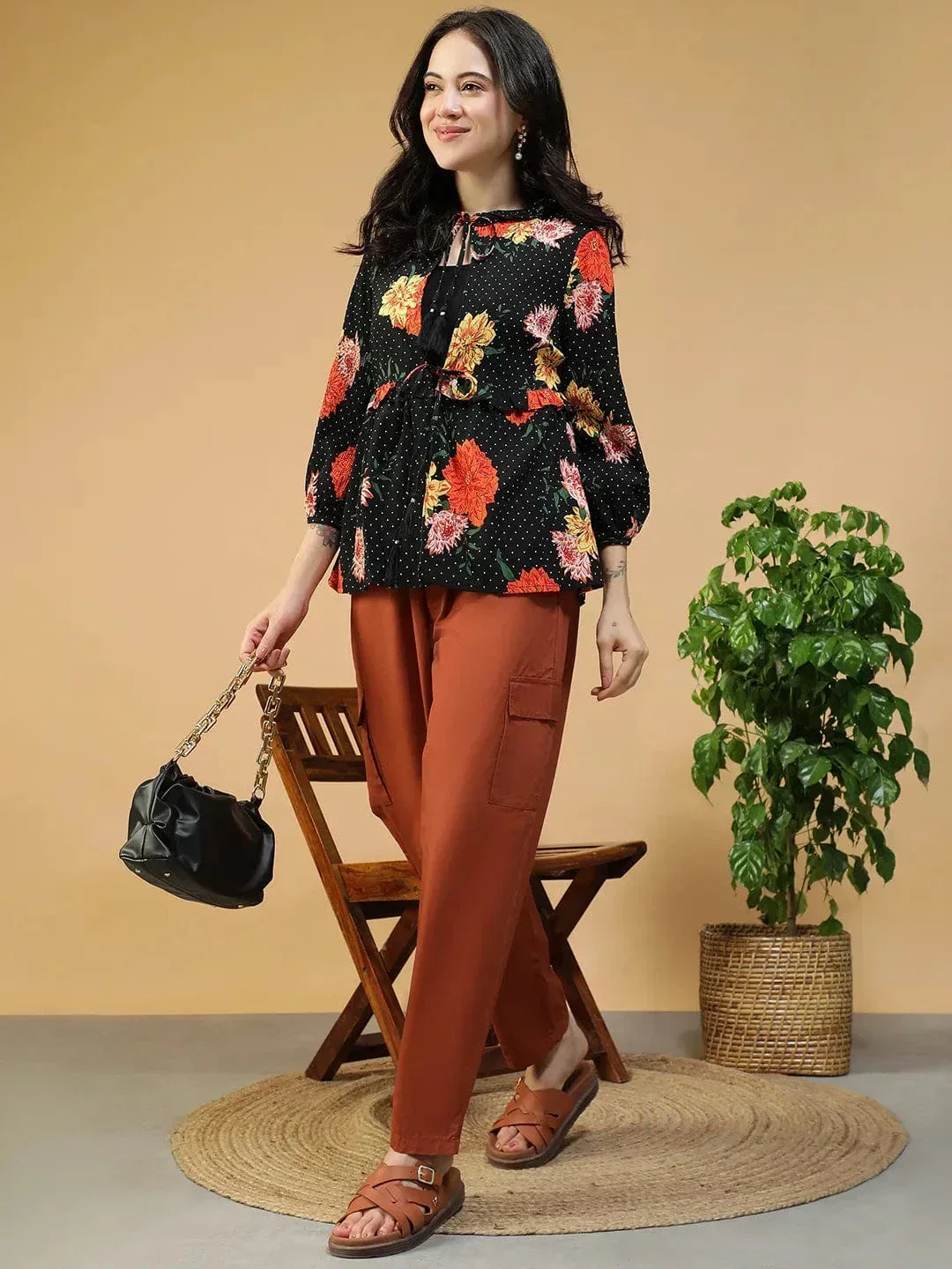 Black Floral Shrug - Women's Round Neck Tie-Up Detail Long Sleeve Shrug - Image 7