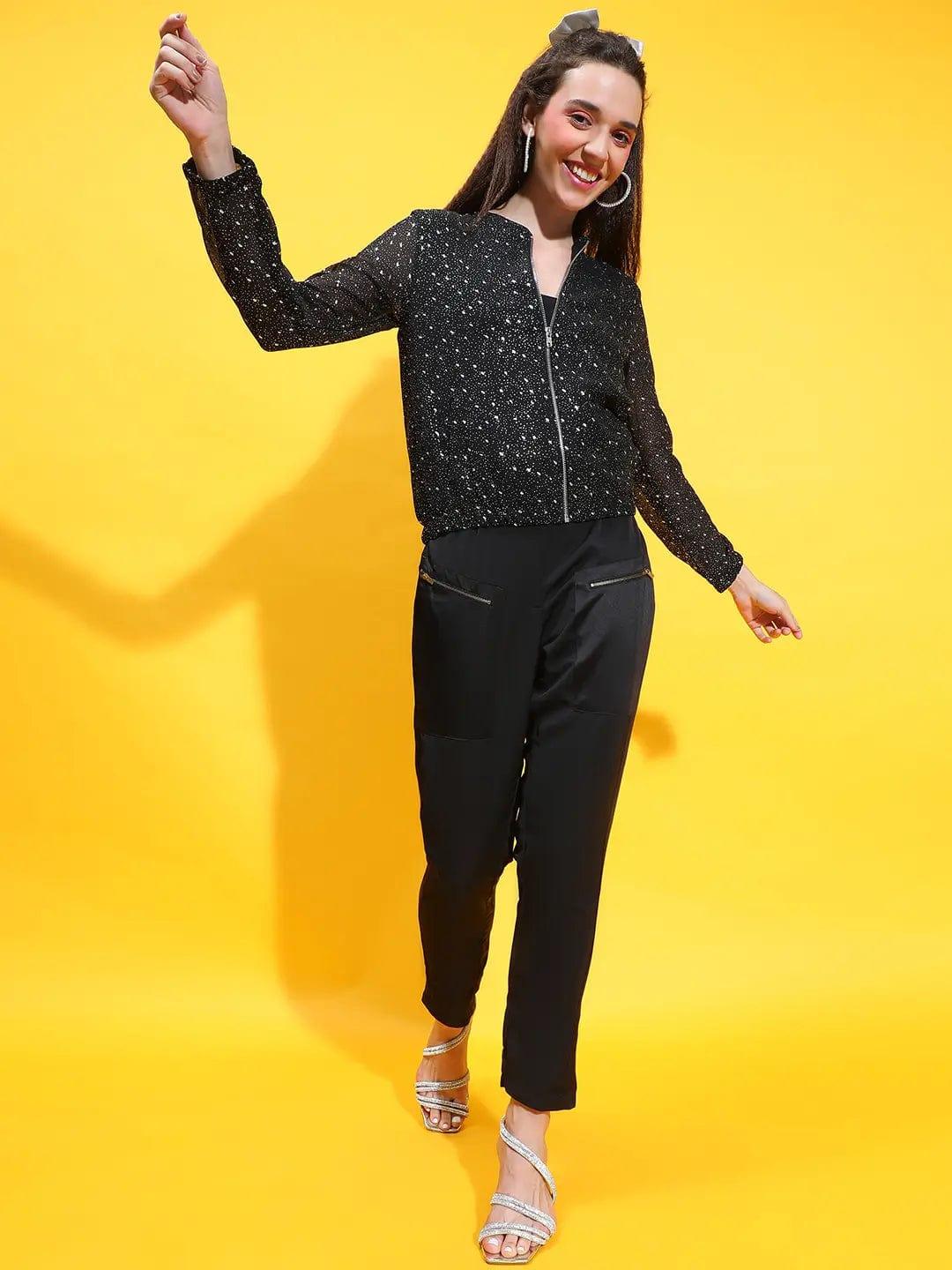Black Foil Floral Print Round Neck Long Sleeve Winter Wear Bomber Jacket - Image 2