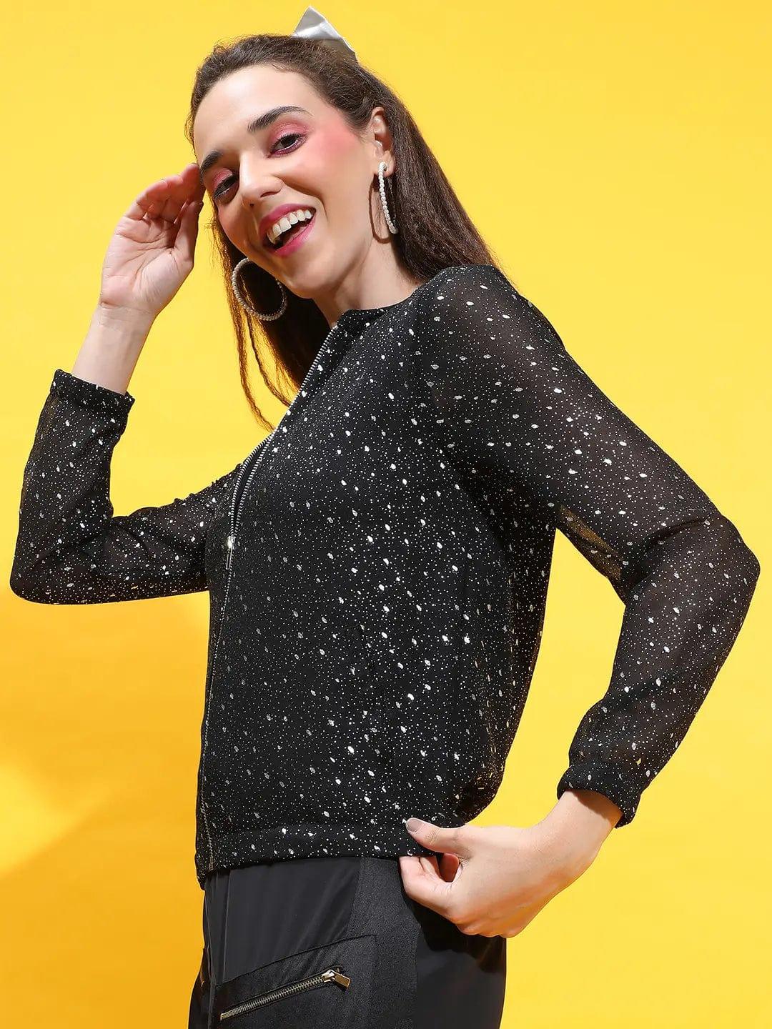 Black Foil Floral Print Round Neck Long Sleeve Winter Wear Bomber Jacket - Image 3