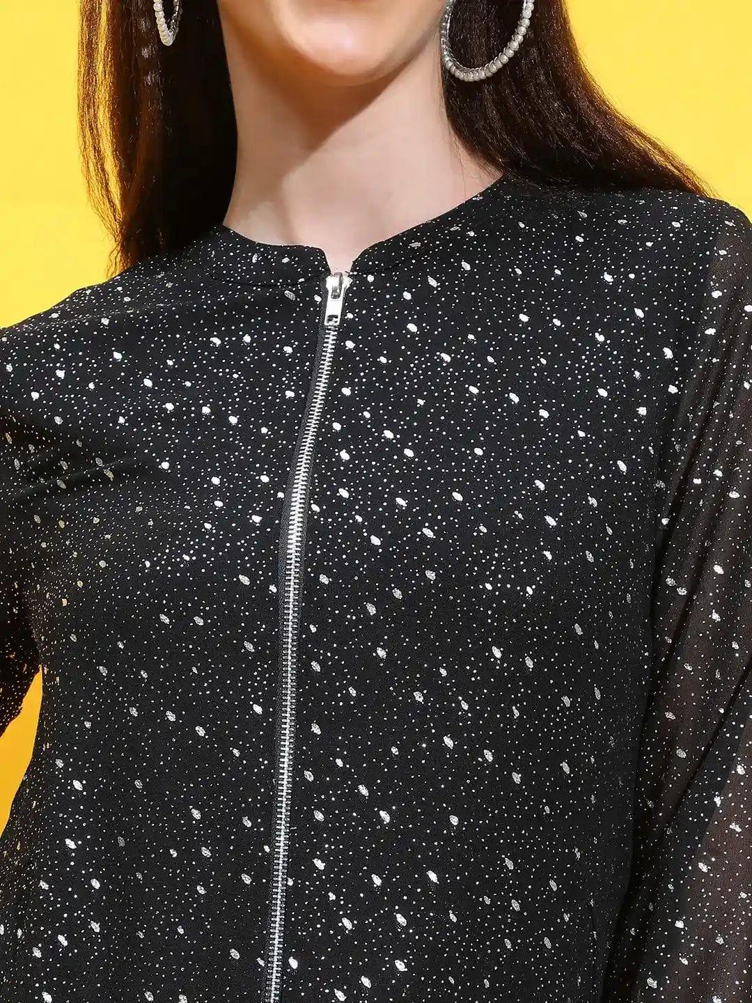 Black Foil Floral Print Round Neck Long Sleeve Winter Wear Bomber Jacket - Image 6