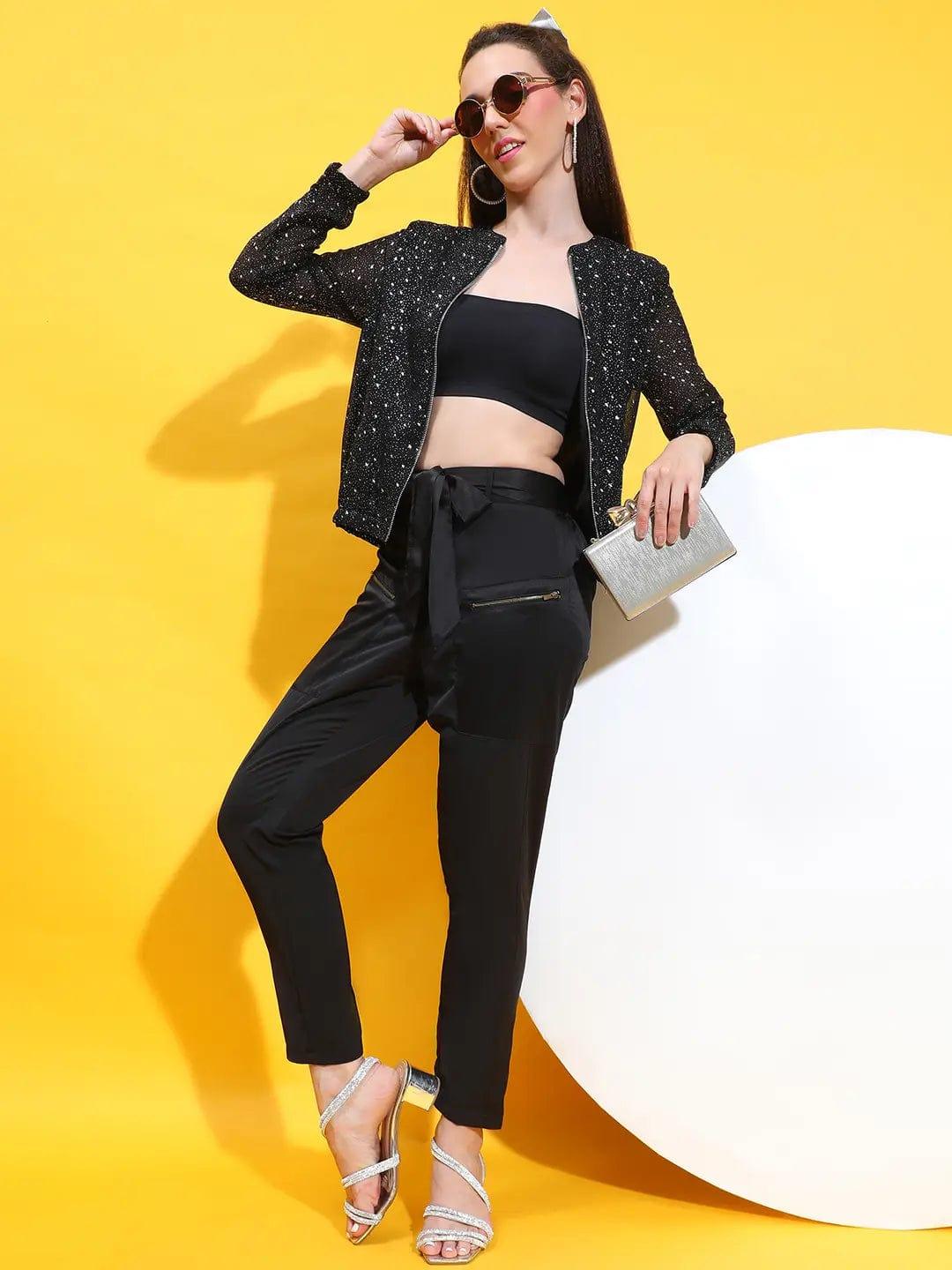 Black Foil Floral Print Round Neck Long Sleeve Winter Wear Bomber Jacket - Image 7