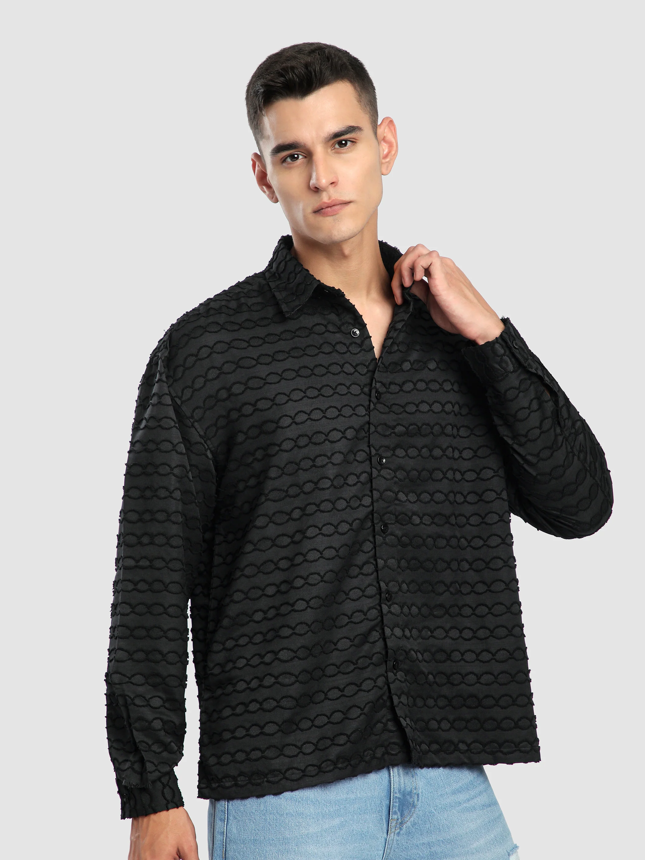 Black Fur Wave Textured Shirt - Image 7