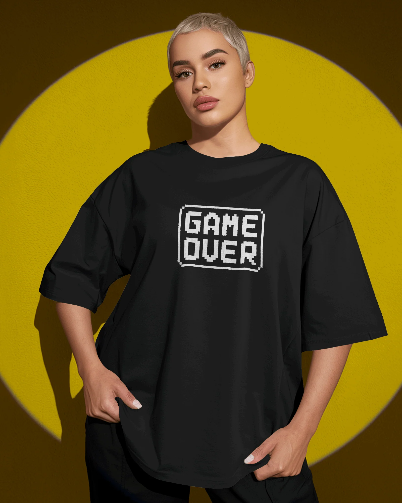 Black Game Over Graphic printed Oversized Tshirt