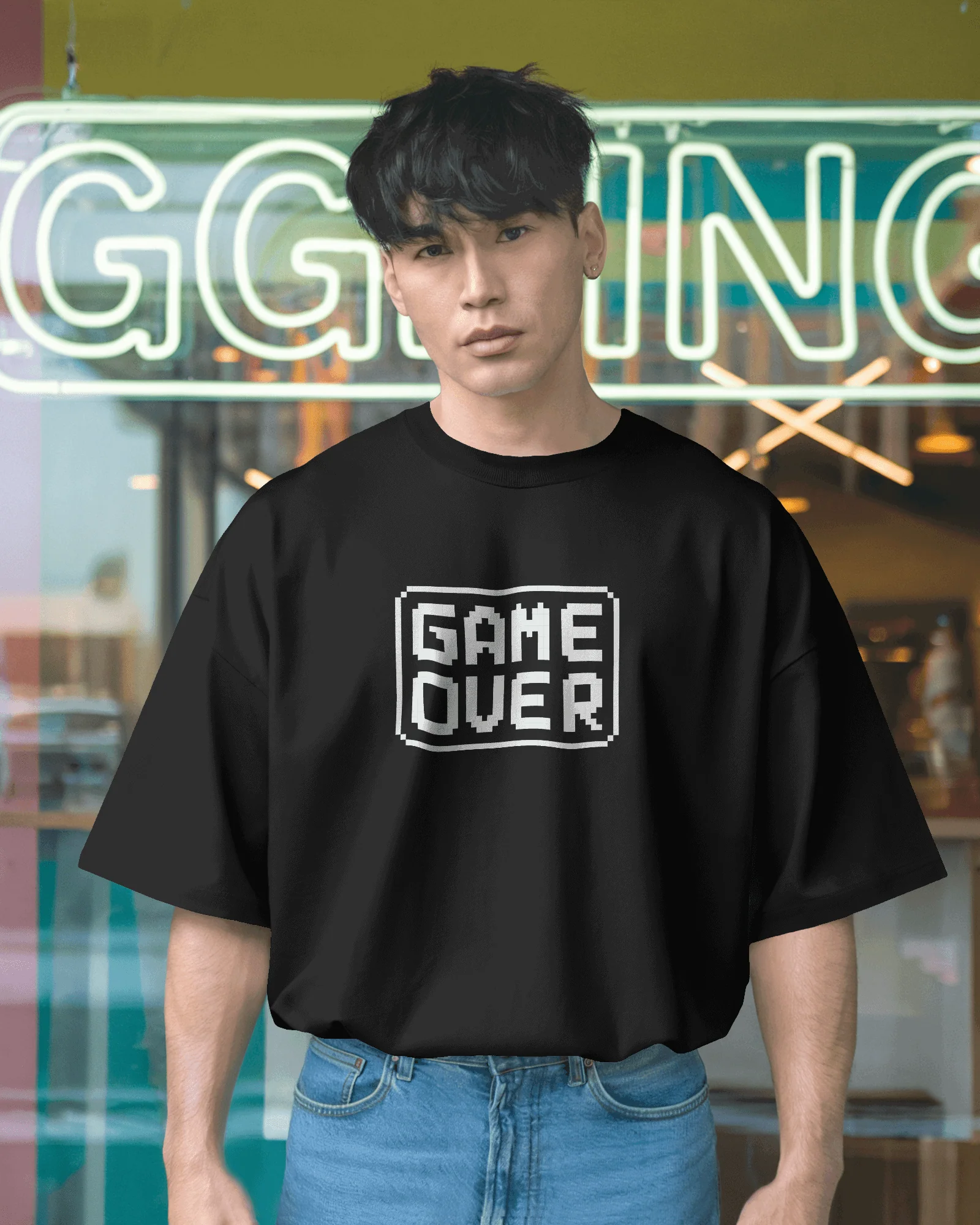 Black Game Over Graphic printed Oversized Tshirt - Image 4