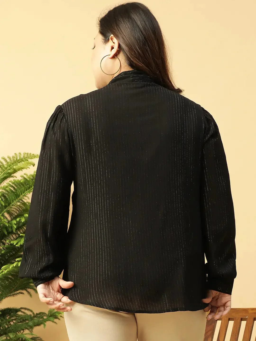Black Lurex rayon solid V- Neck With Tie-knot Belt Long Sleeve Plus Size Women Top - Image 5
