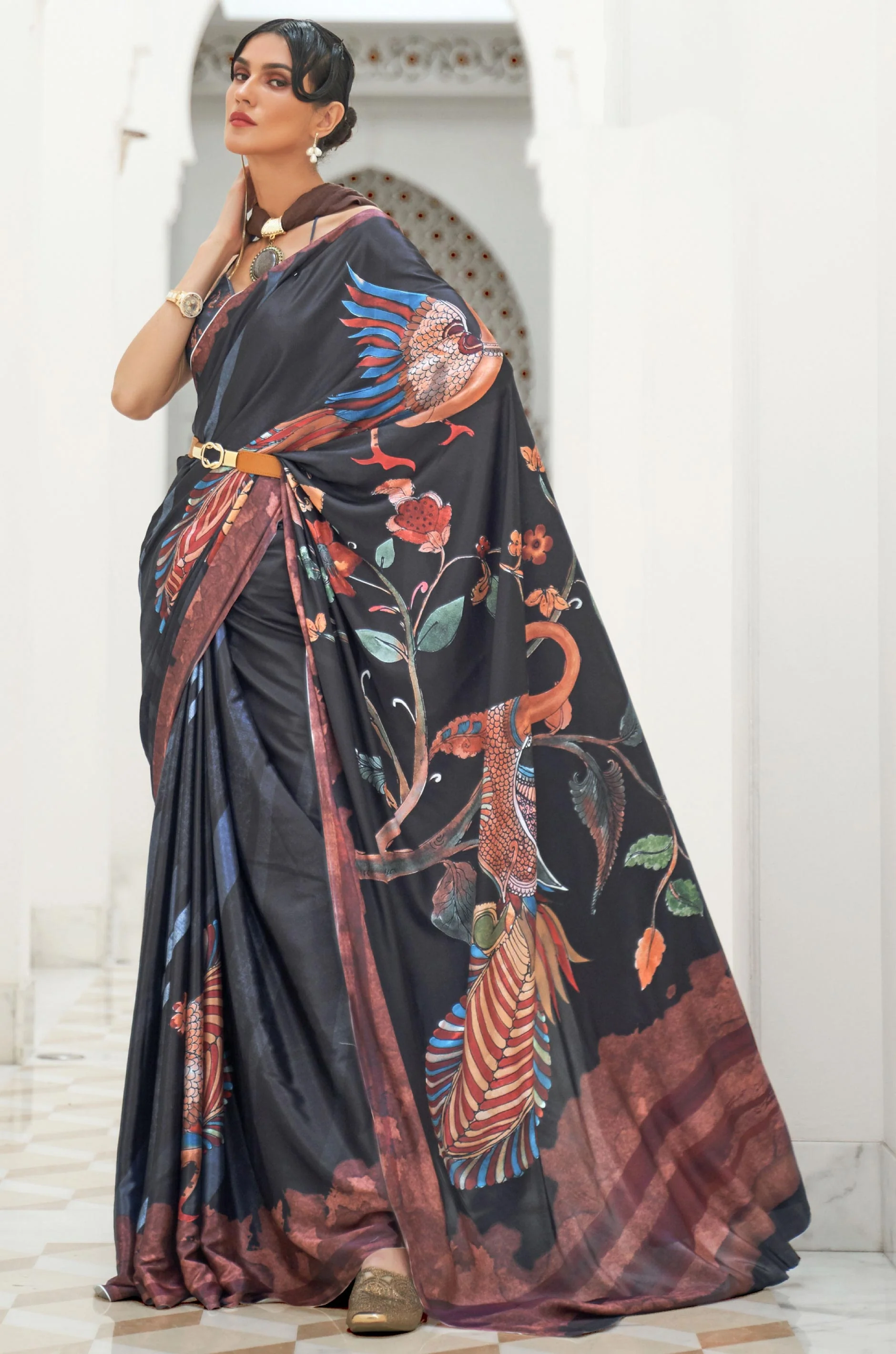 Black Multicolour Satin Crepe Saree
