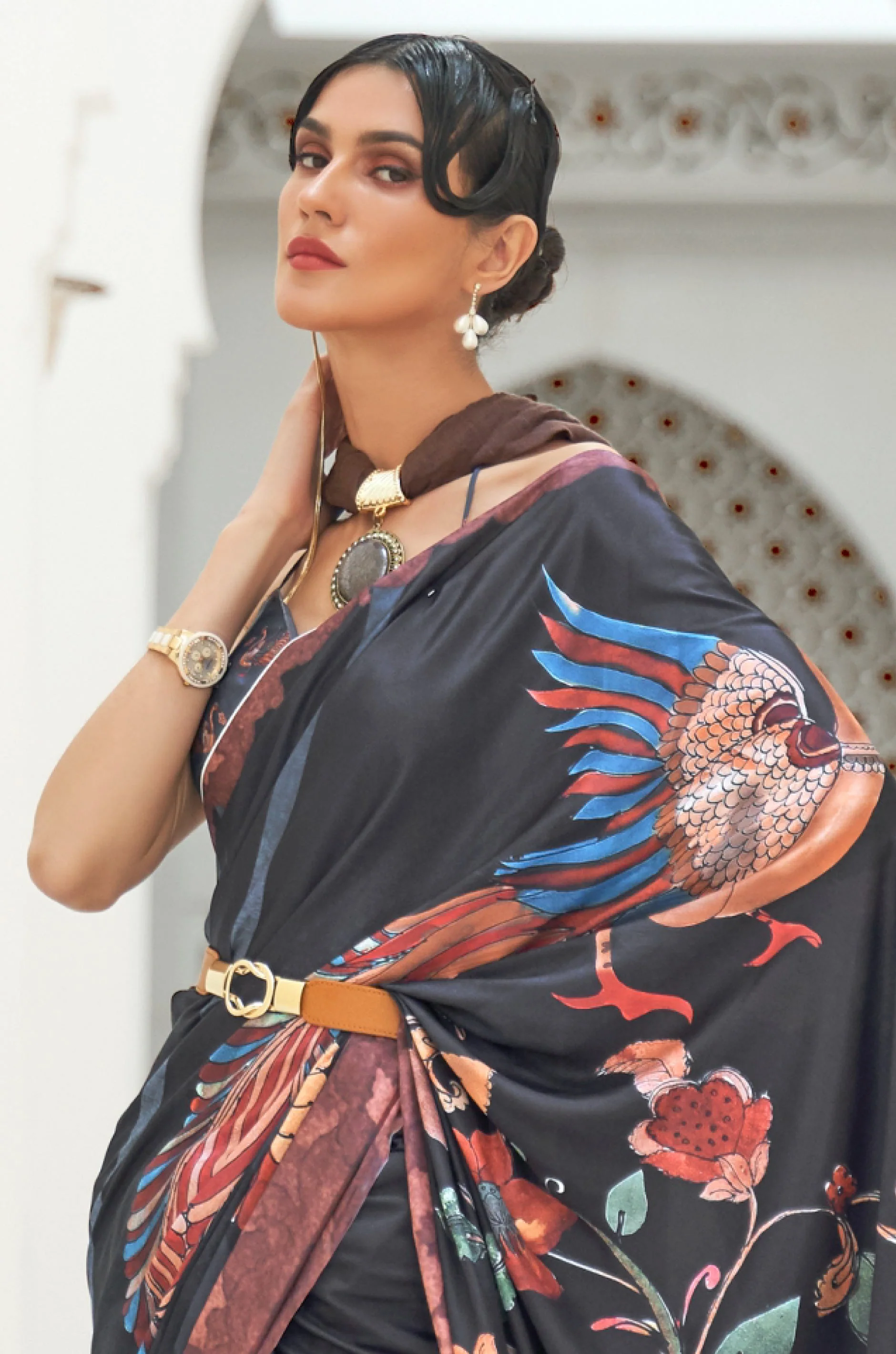 Black Multicolour Satin Crepe Saree - Image 4