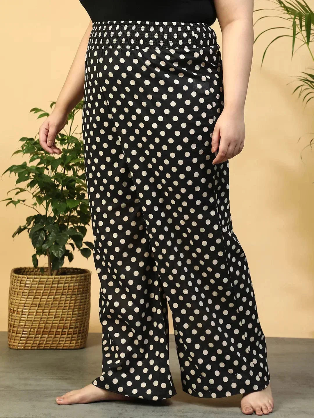 Black Polka Dot Print Flared Elasticated Waist, Plus Size Women Beachwear Cotton Pant - Image 3
