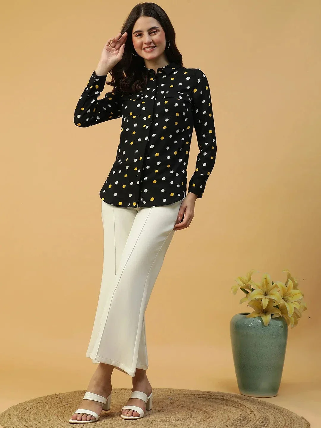 Black Polka Dot Print Long Sleeve Button Down Collared Women Shirt - Image 2