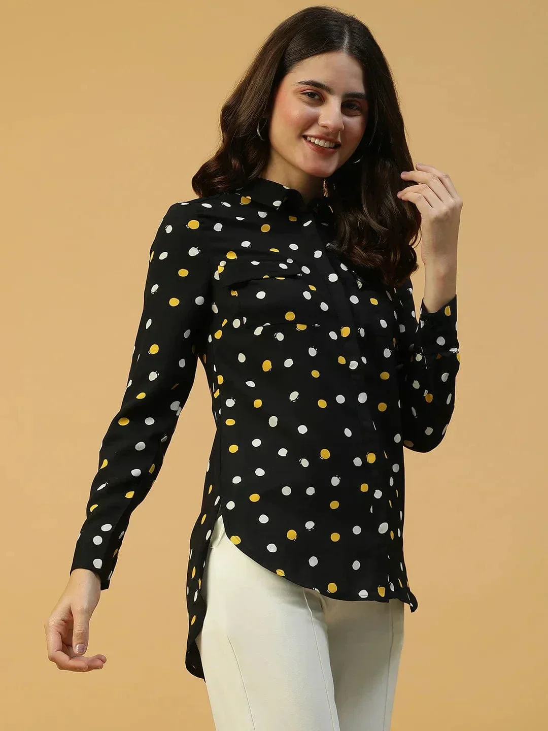 Black Polka Dot Print Long Sleeve Button Down Collared Women Shirt - Image 4
