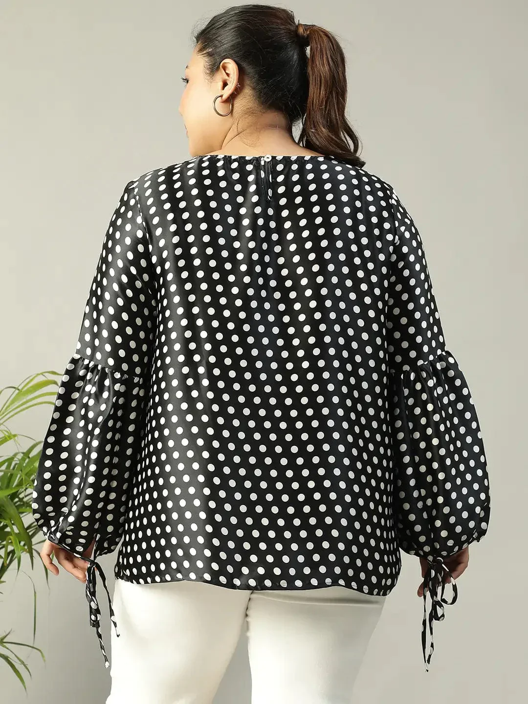 Black Polka Dot satin Print Long Sleeve Plus Size Women Top - Image 5
