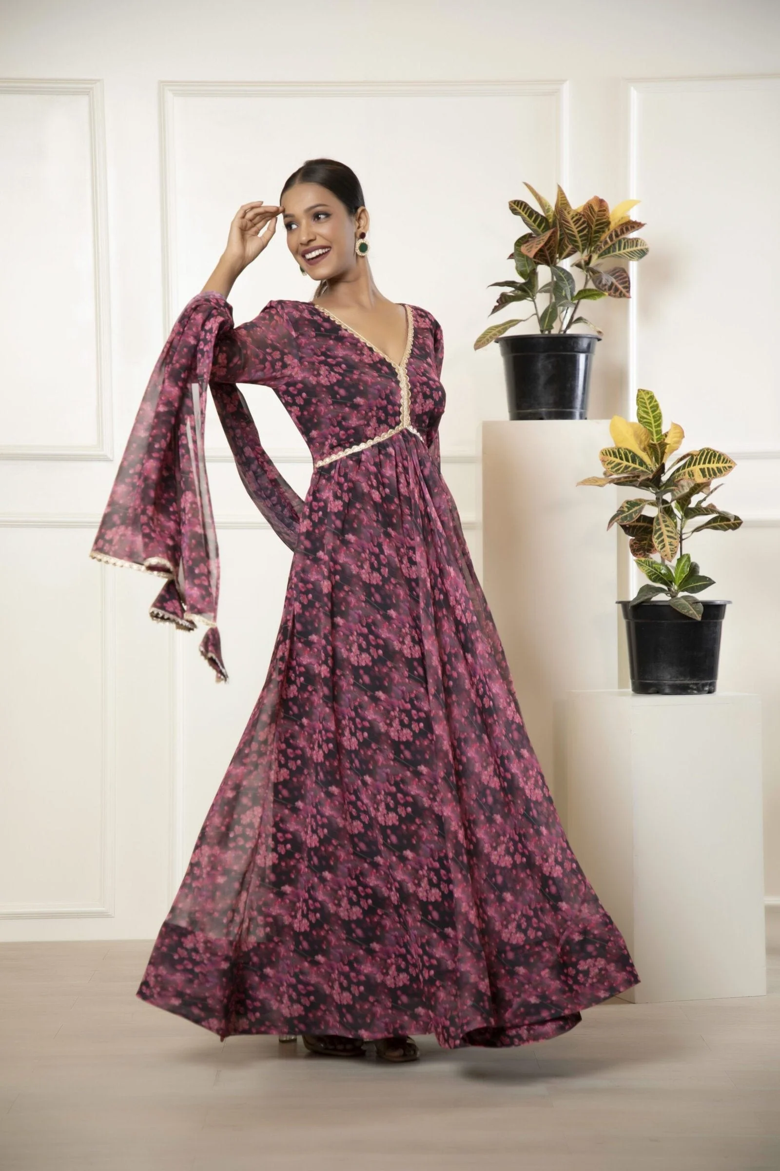 Black Printed Ethnic Dress with Dupatta - Image 3