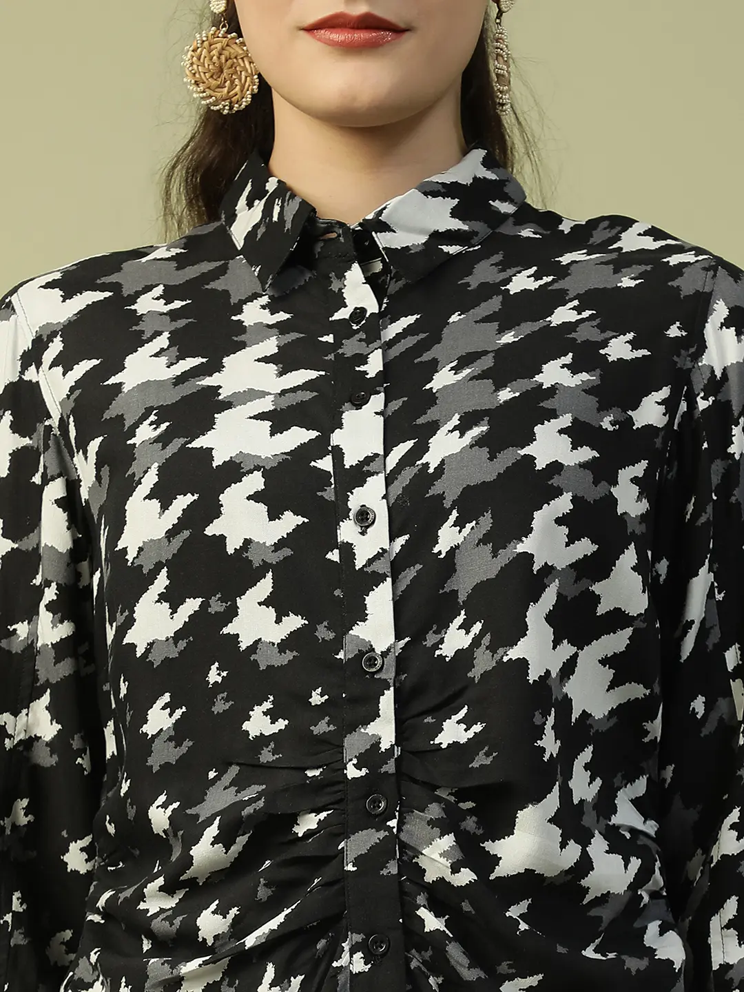 Black Printed Women's Shirt with Collared Button Down - Image 2