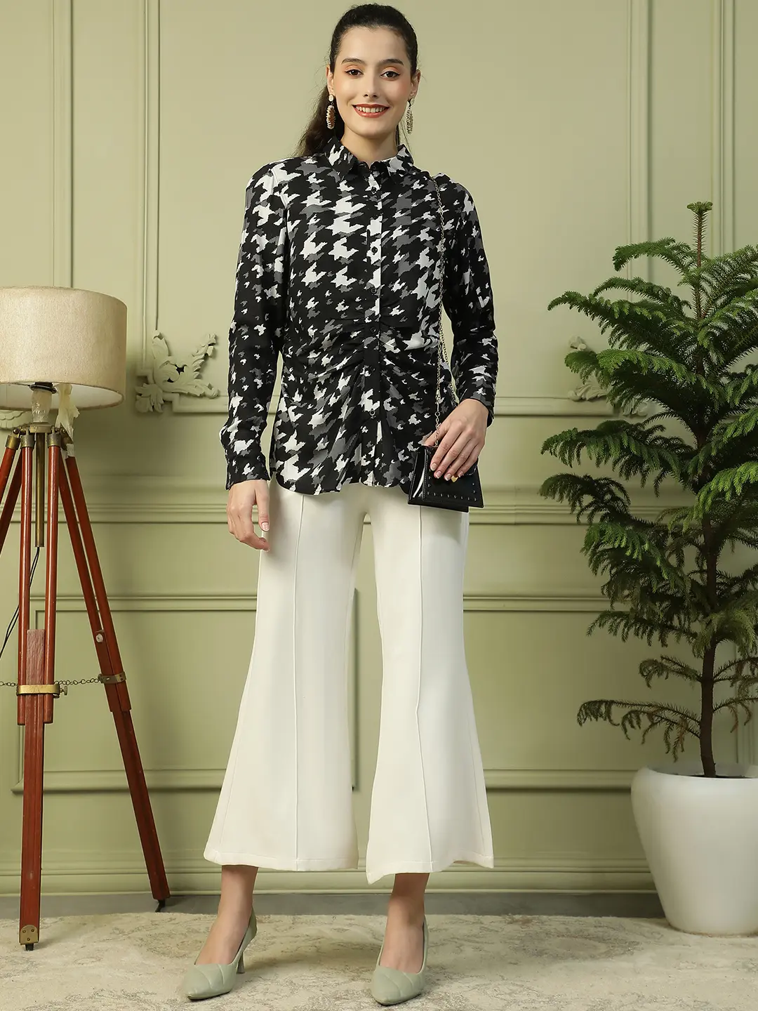 Black Printed Women's Shirt with Collared Button Down - Image 7