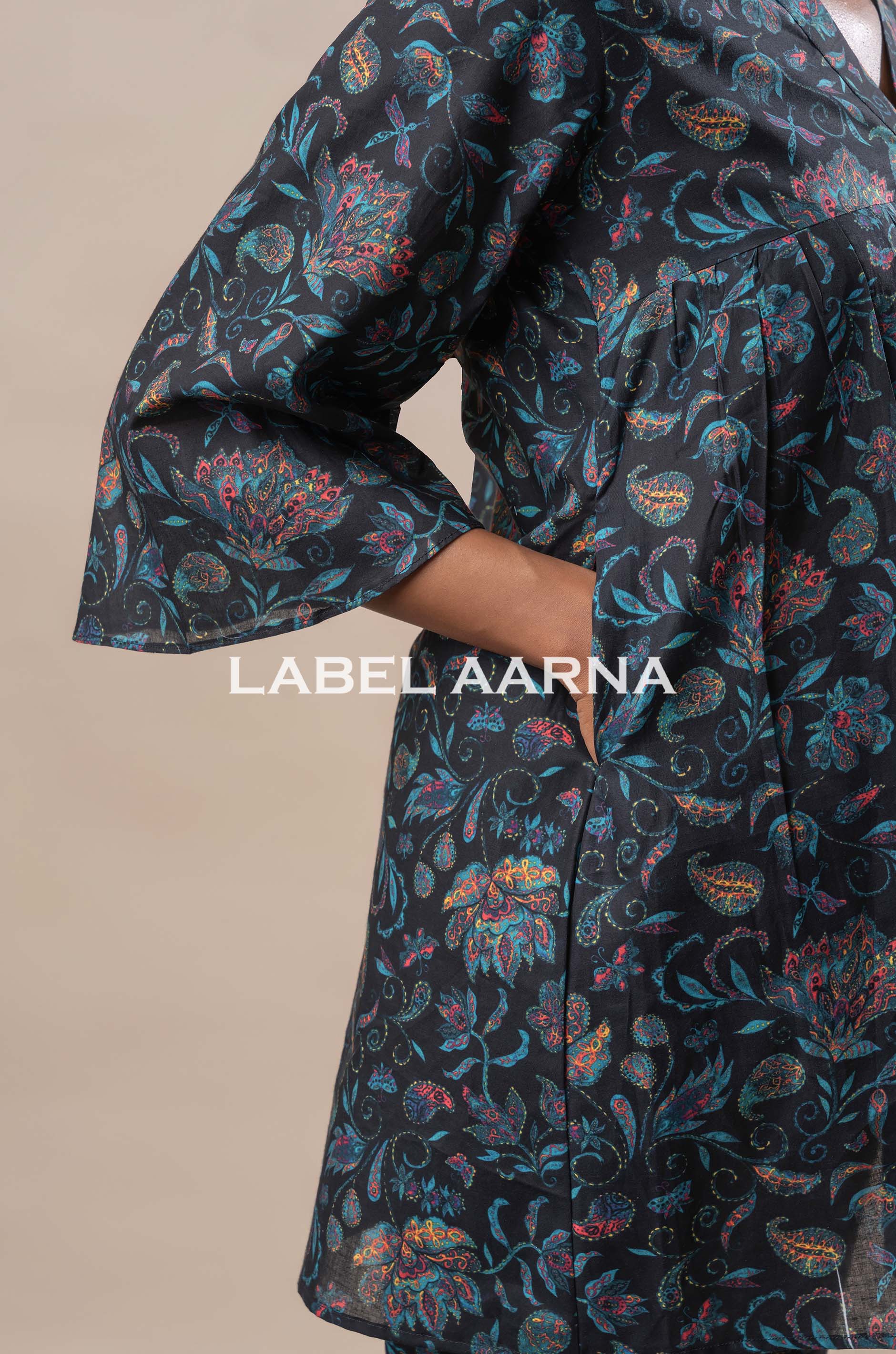 Black Pure Cotton Floral Jaal Printed V Neck Flared Co-Ord Set - Image 4