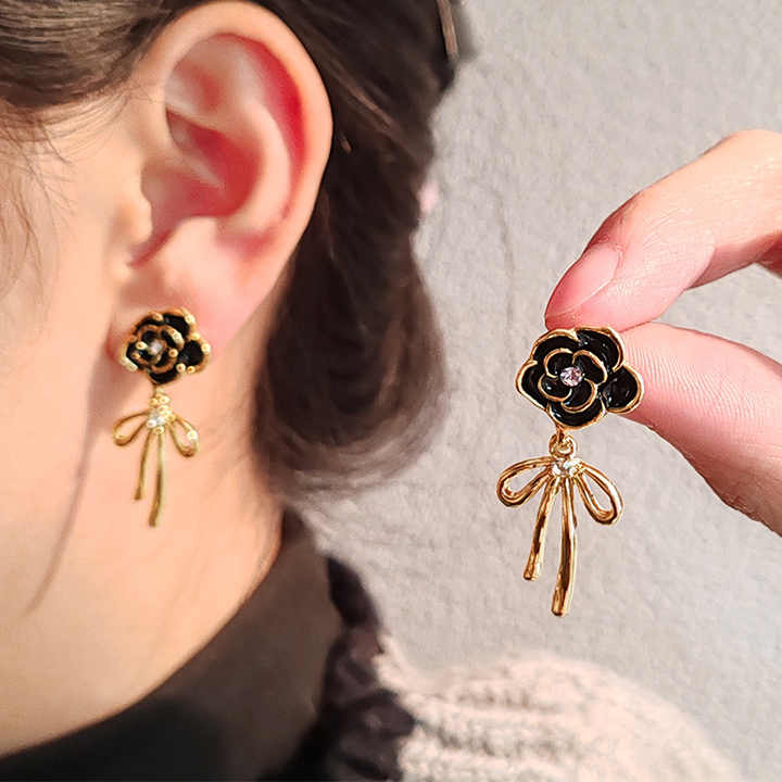 Black Rose Bow Drop Earring - Image 6