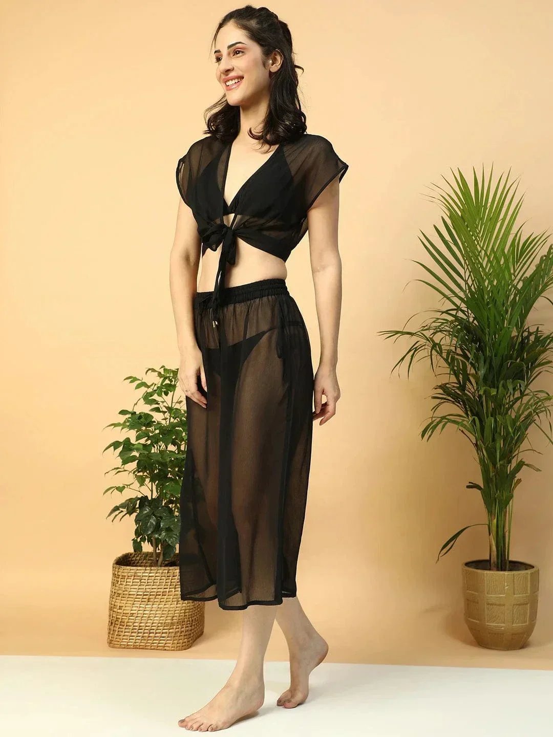 Black Tie-Knot Top With Elasticated Culottes Women Beachwear Co-Ord Set - Image 2