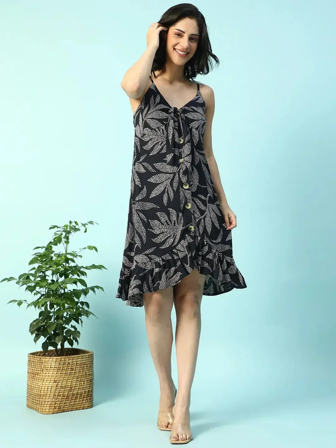 Black Tropical Print Tie-Up & Ruffle Detail Sleeveless Button Down Women Dress - Image 2