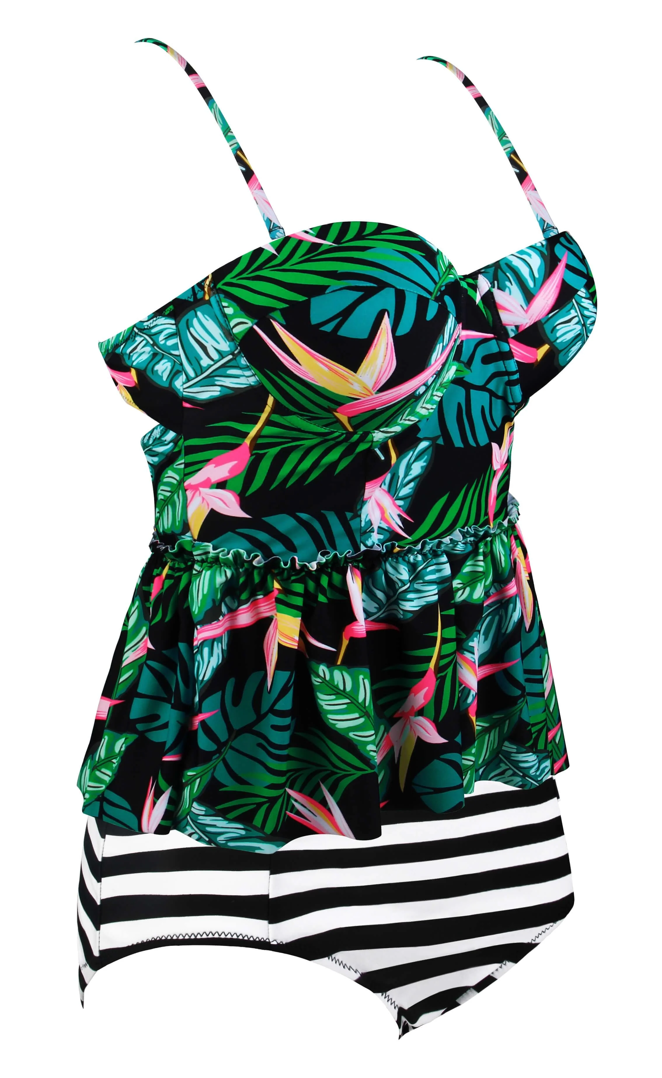 Black Two Piece Floral Print Flounce Tankini Set - Image 4