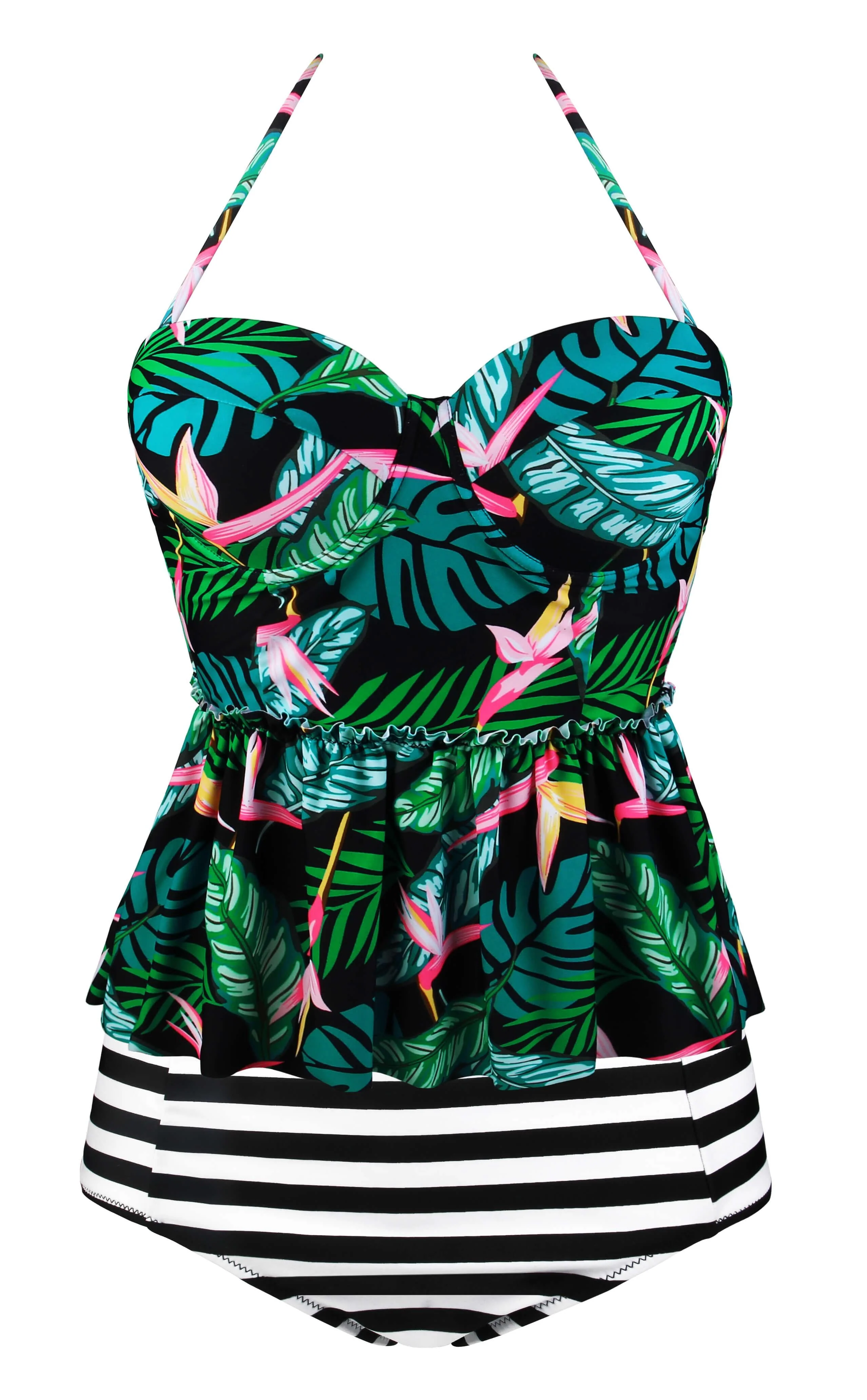 Black Two Piece Floral Print Flounce Tankini Set - Image 5