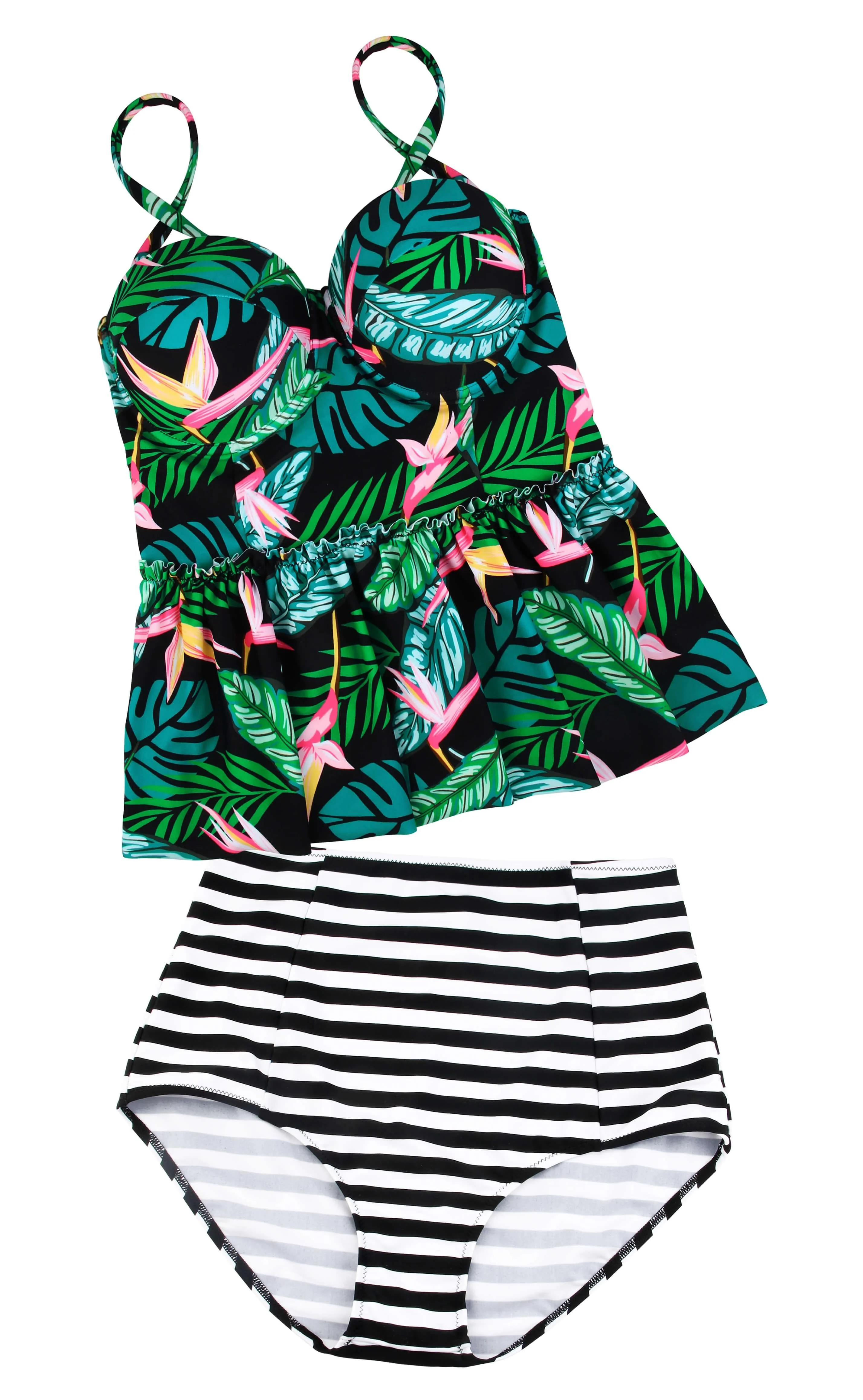 Black Two Piece Floral Print Flounce Tankini Set - Image 7