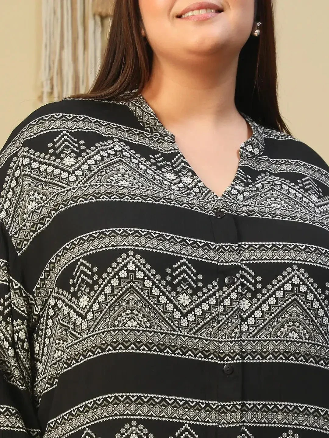 Black V- Neck Long Sleeve Rayon Crepe Abstarct Print Plus Size Women Tunic - Image 6