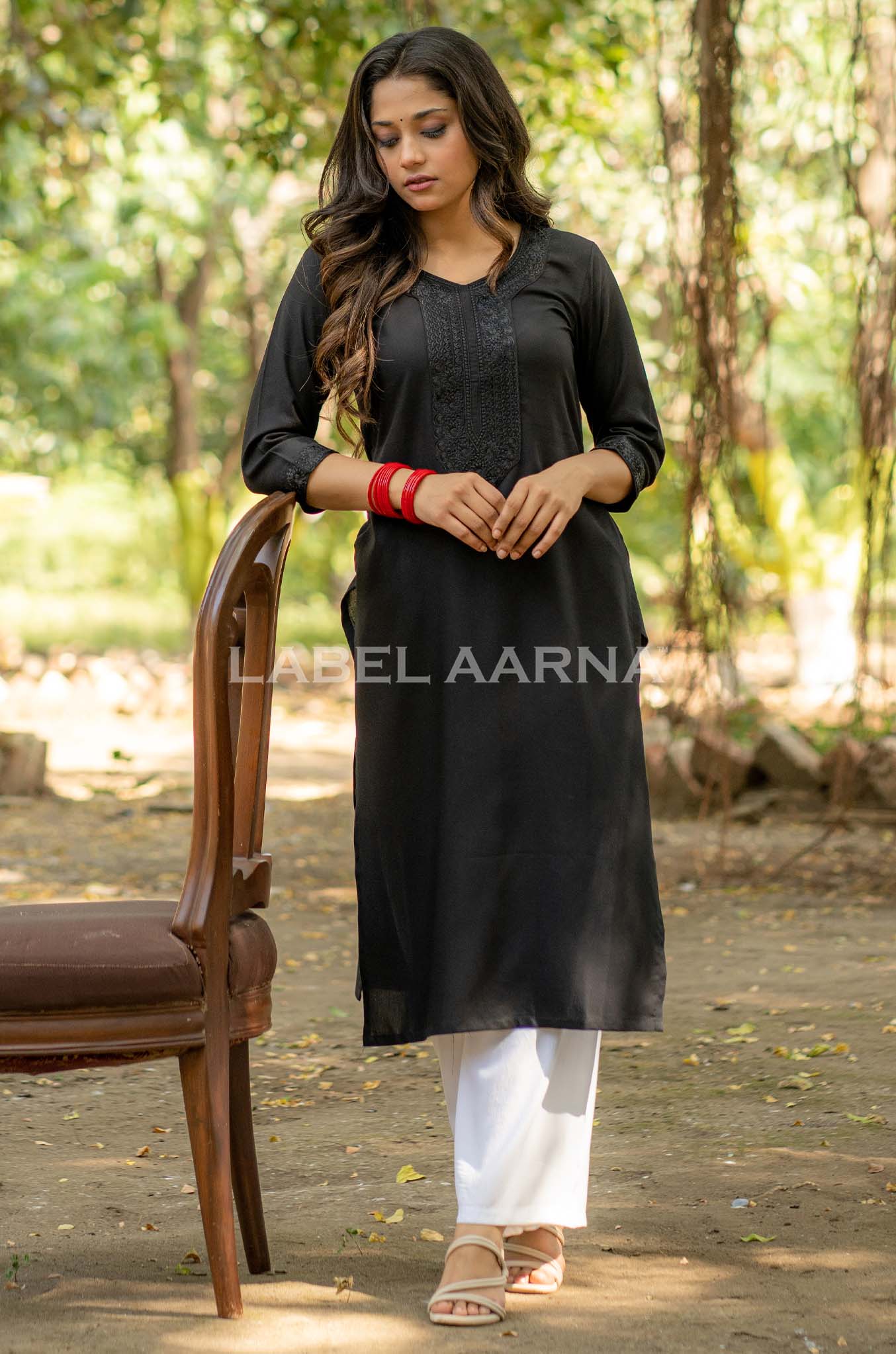 Black Viscose Rayon Embroidered Kurti