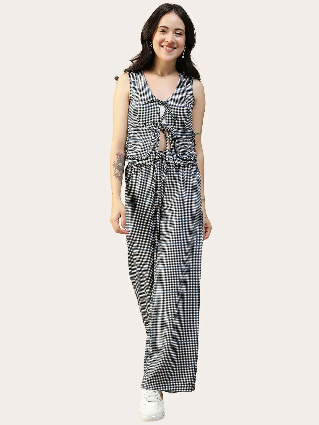 Black & White Check Print Sleeveless Top & Elasticated Pants Co-Ord Set for Women