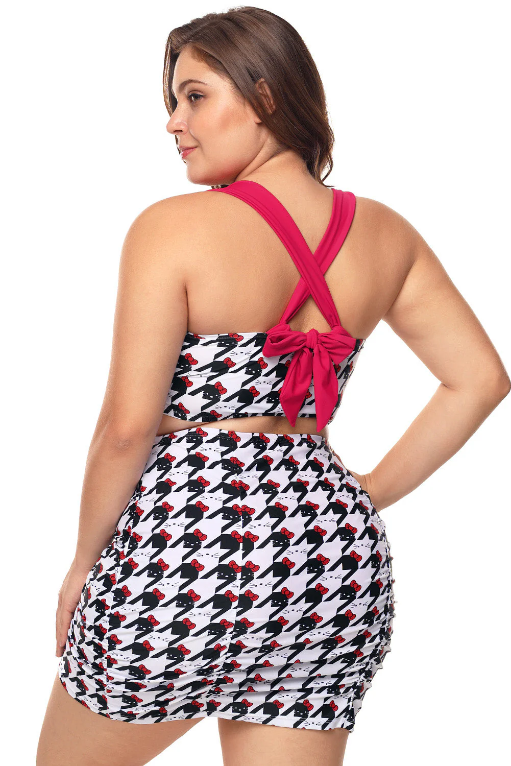 Black White Kitty Print Plus Size Bikini Top With Skirt - Image 4