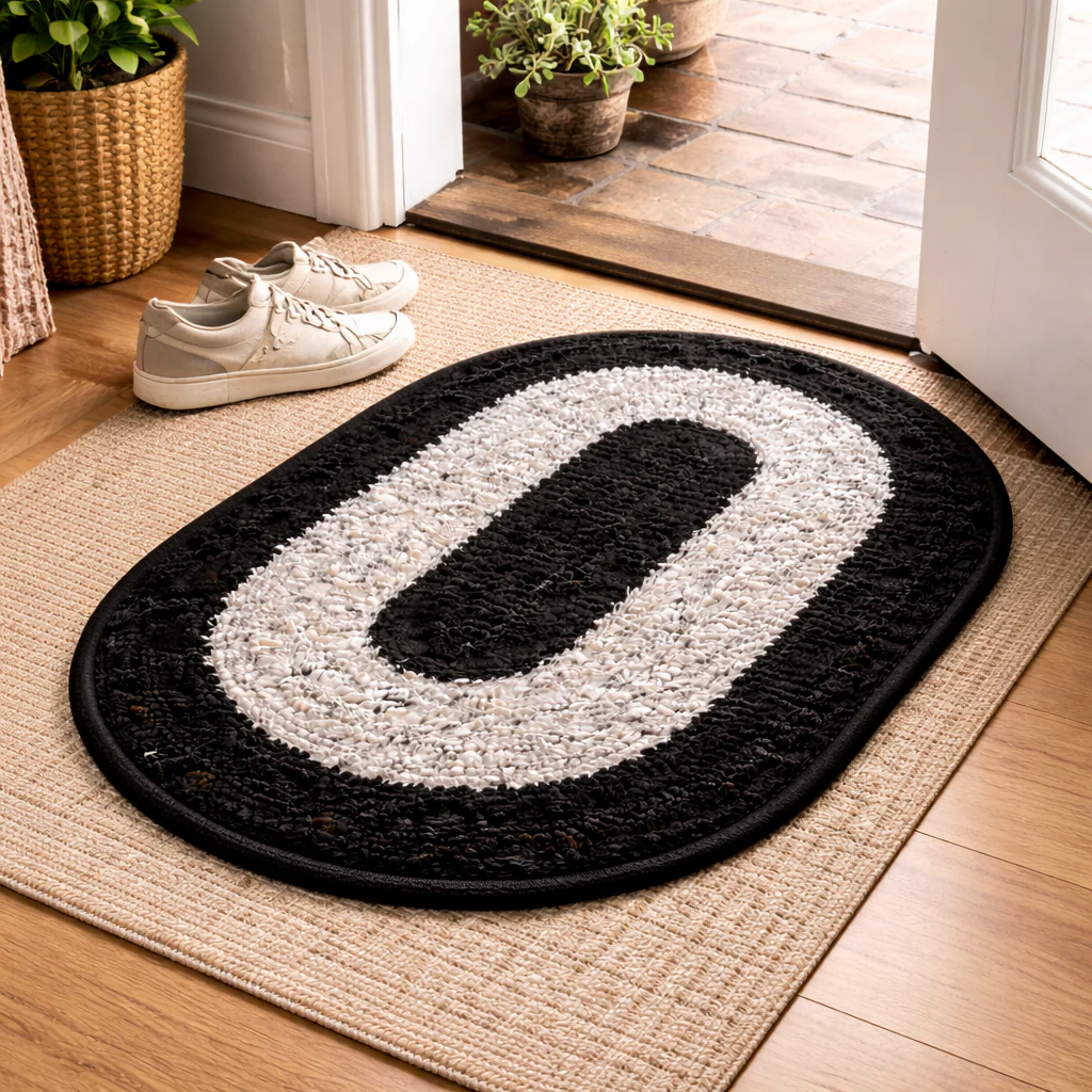 Black & White Oval Bath Mat – Anti-Skid Bathroom Floor Mat | Soft & Absorbent Door Mat | Quick Dry & Durable Rug | Non-Slip Bath Mat for Home - Image 3