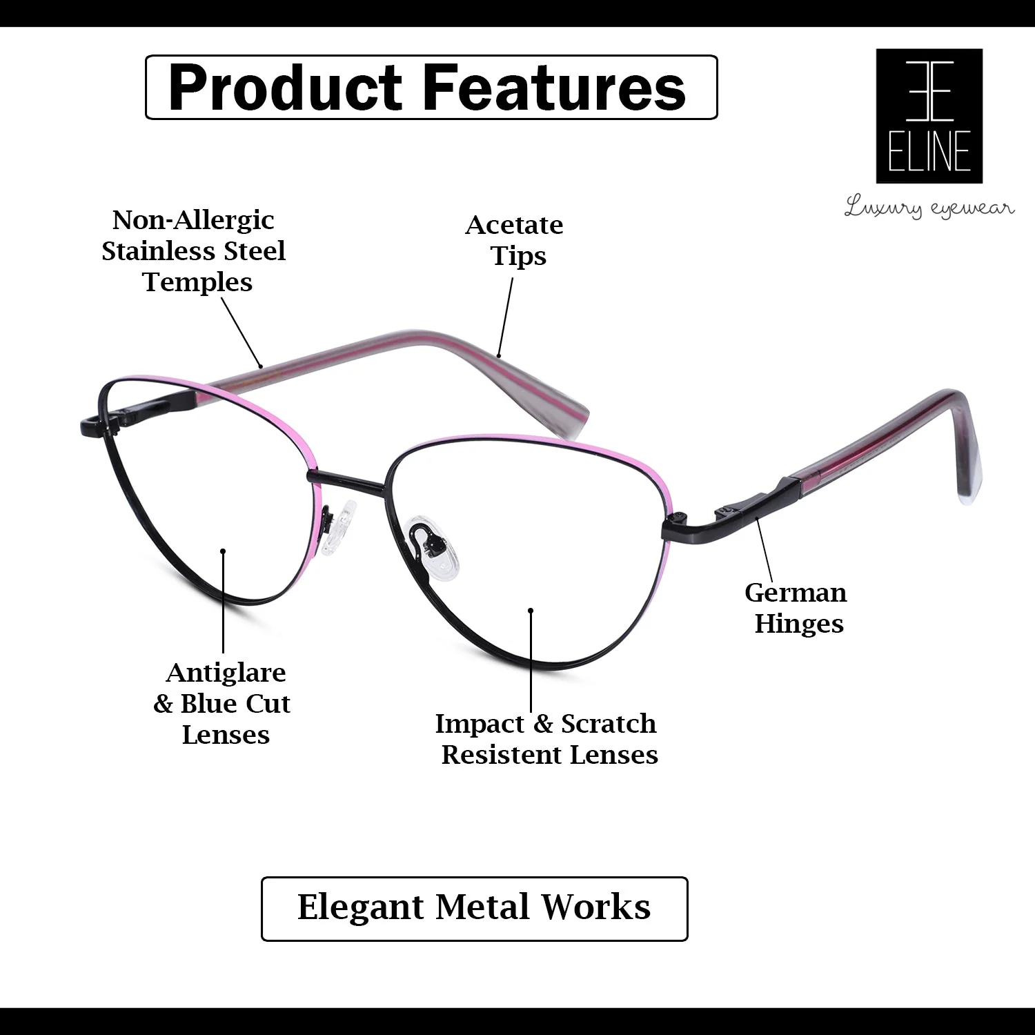 Black with Pink Cat eye Eyeglasses For Women - Image 4