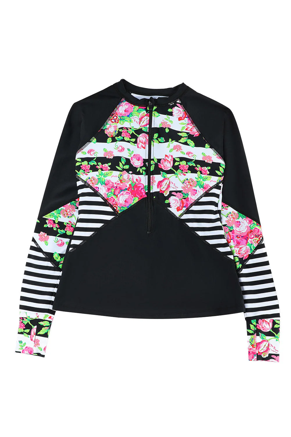 Black Zip Up Neckline Color Block Rashguard Top - Image 15