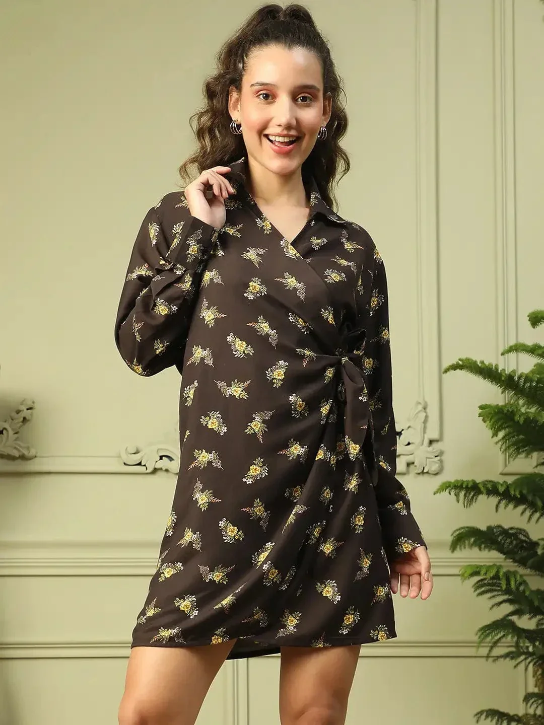 Blare Black Floral Print V-Neck Long Sleeve Tie-Knot Women Wrap Dress - Image 2