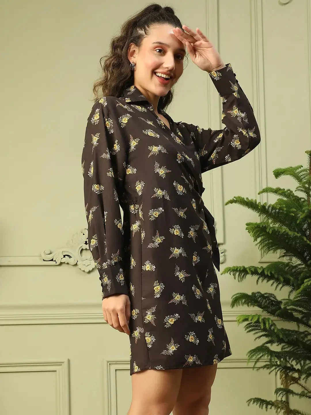 Blare Black Floral Print V-Neck Long Sleeve Tie-Knot Women Wrap Dress - Image 5