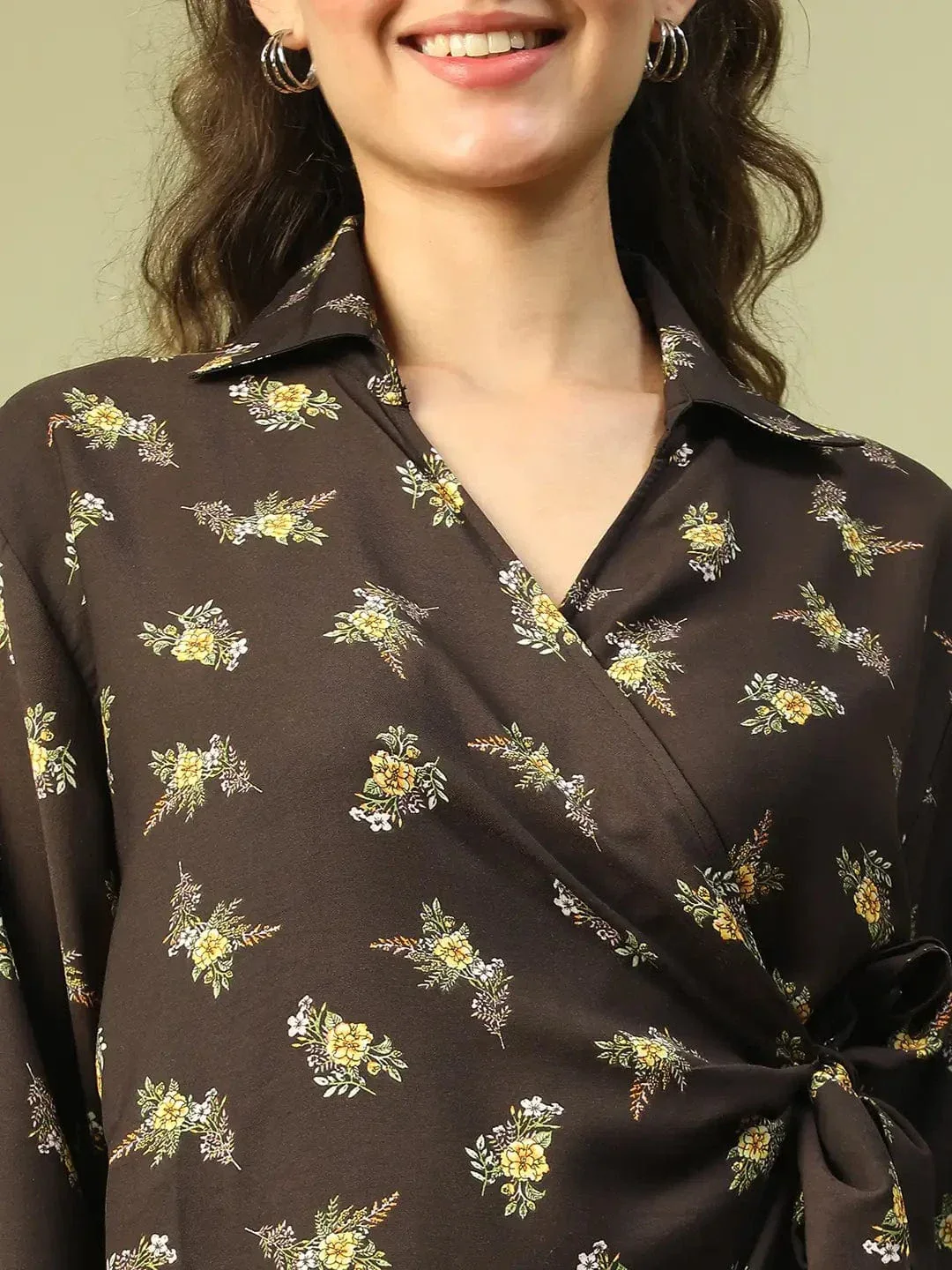 Blare Black Floral Print V-Neck Long Sleeve Tie-Knot Women Wrap Dress - Image 7