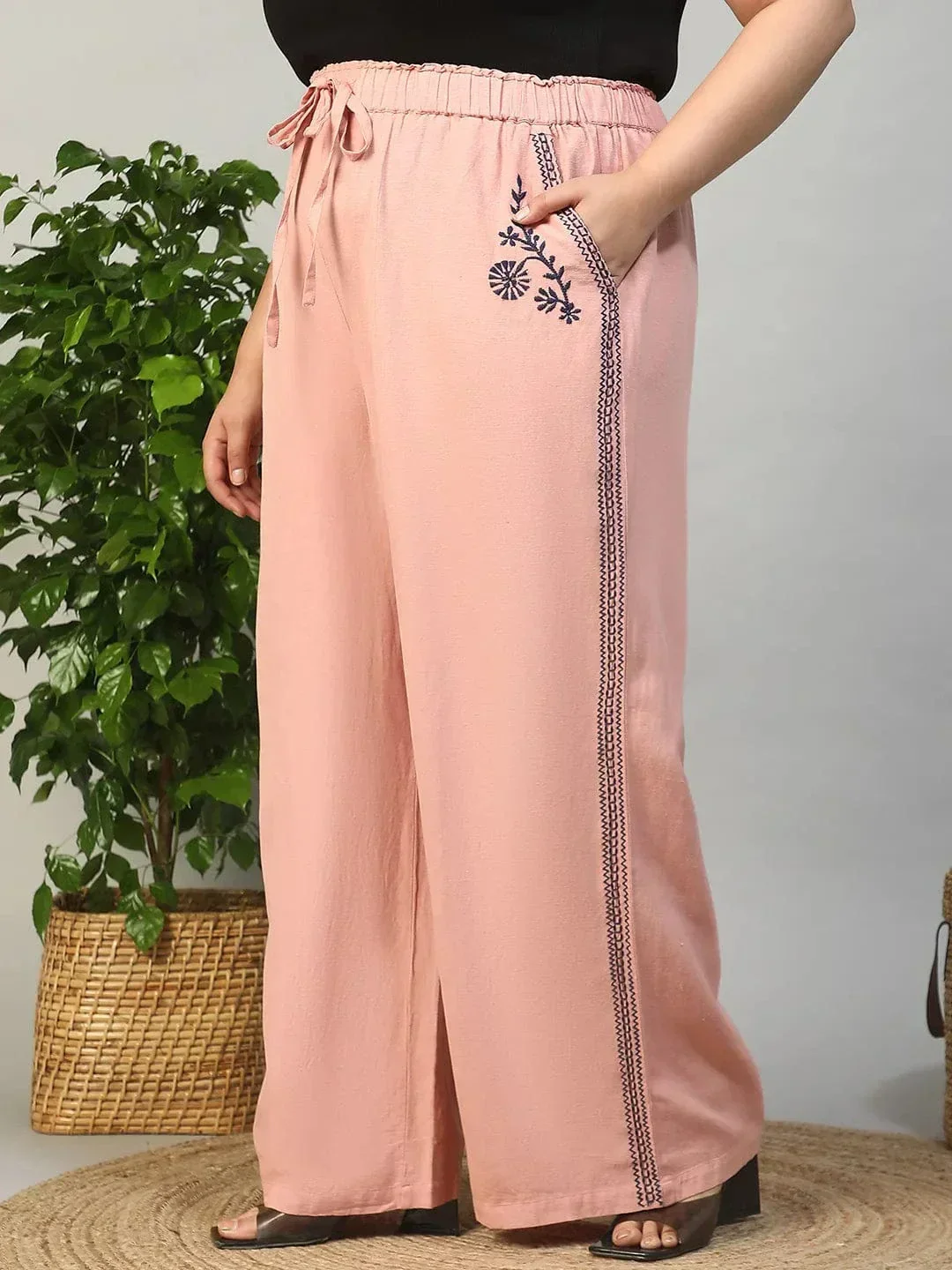 Blastic Pink Elasticated With Tie -Up Detail Embroidered Plus Size Women Cotton Linen Pant - Image 4