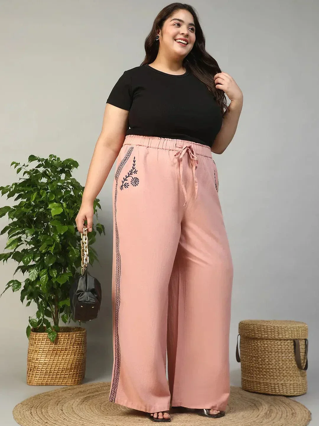Blastic Pink Elasticated With Tie -Up Detail Embroidered Plus Size Women Cotton Linen Pant - Image 8