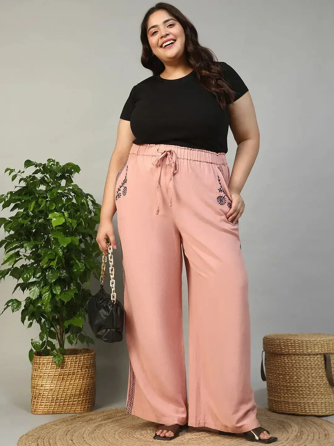 Blastic Pink Elasticated With Tie -Up Detail Embroidered Plus Size Women Cotton Linen Pant - Image 9