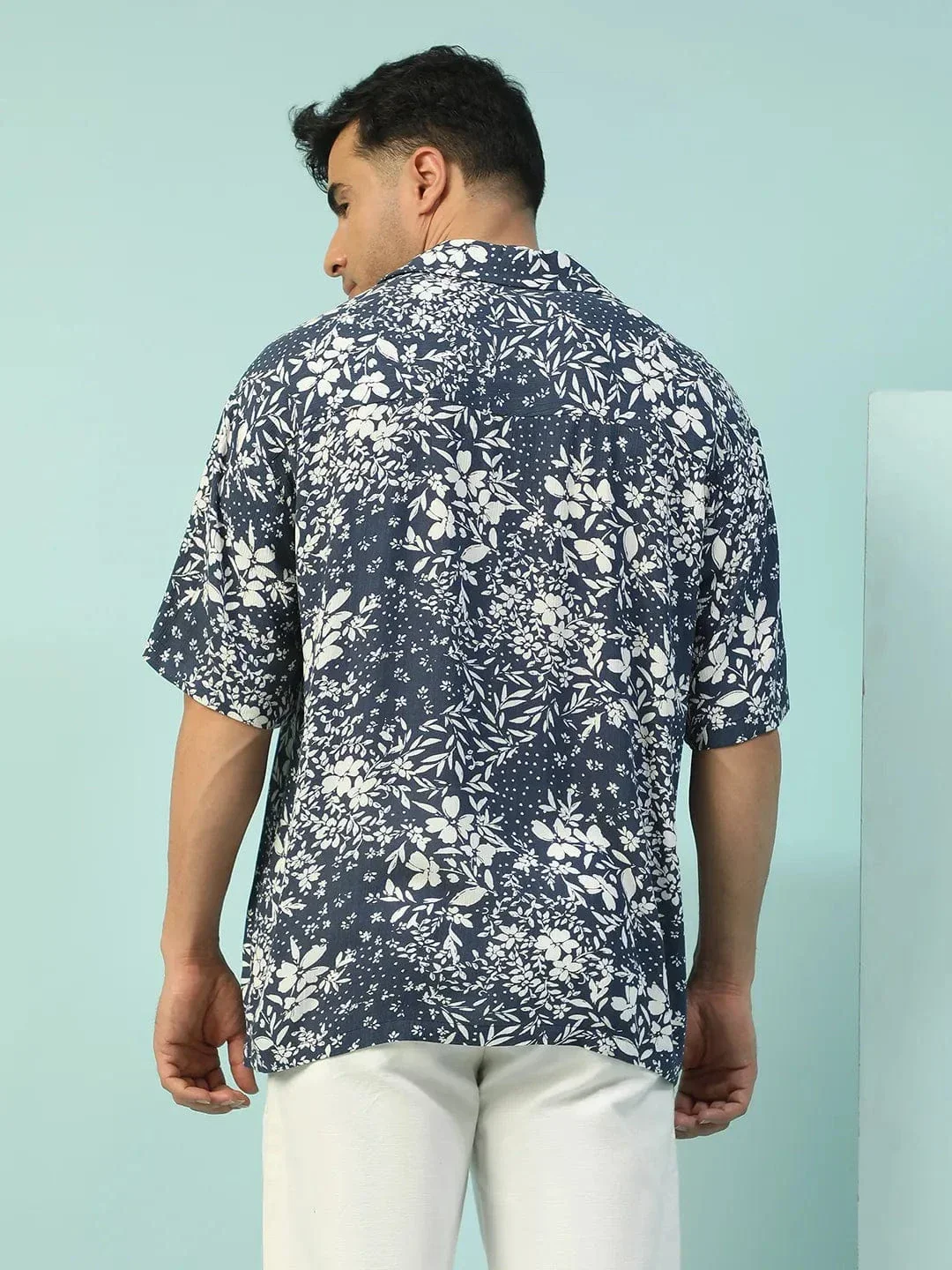 Blaze Blue Floral Print Lapel Collar Short Sleeve Men Oversized Shirt - Image 5